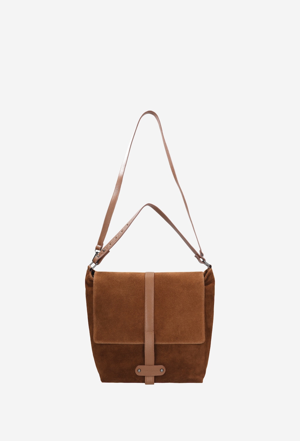 Duża torebka Wojas model 9857-73 z brązowej łączonej skóry z długim paskiem na ramię i klapą zapinaną na pasek, widoczna z przodu.