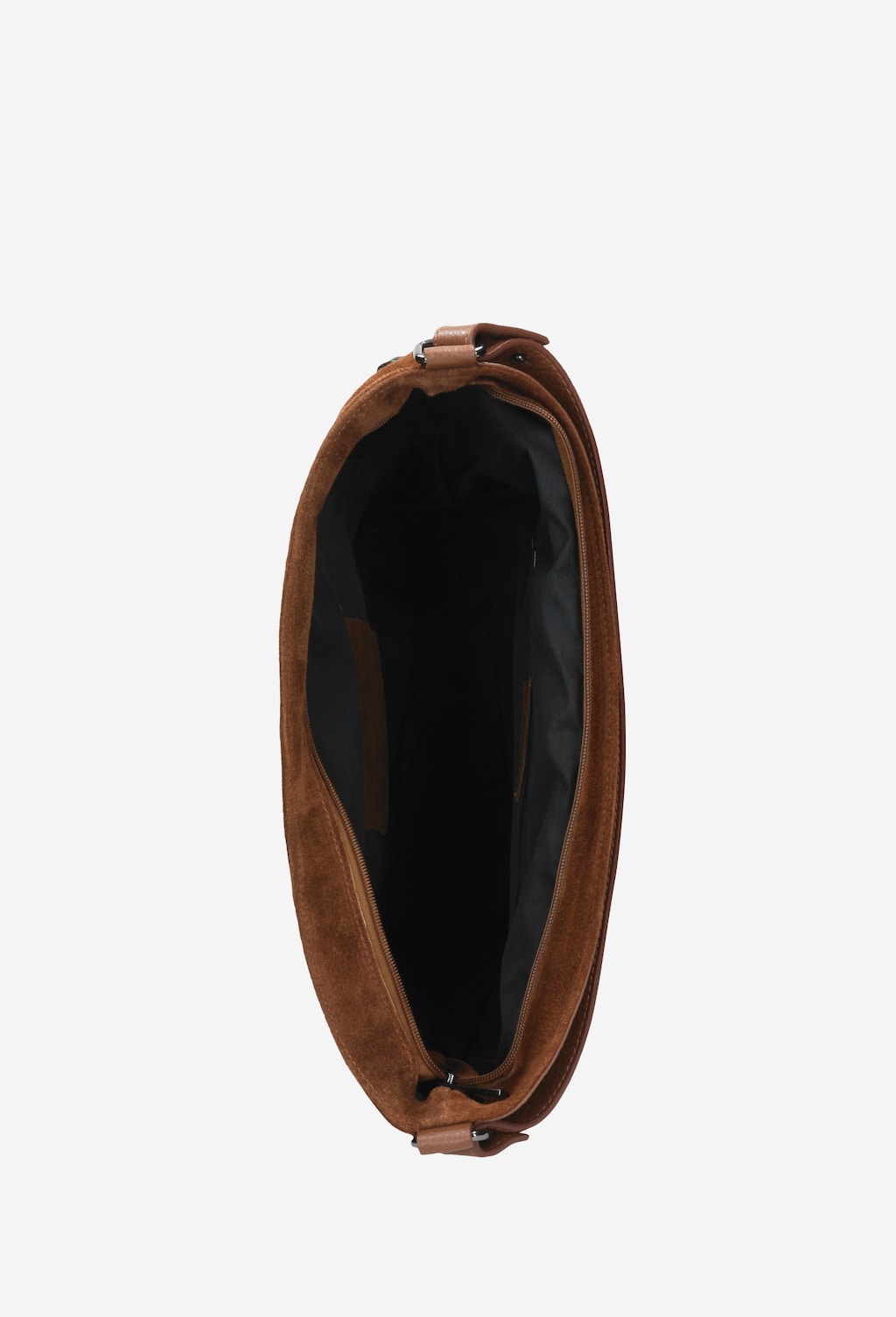 Duża torebka Wojas model 9857-73 z łączonych skór w kolorze brązowym, widok z góry ukazujący wnętrze torebki z czarną podszewką i regulowanym paskiem.