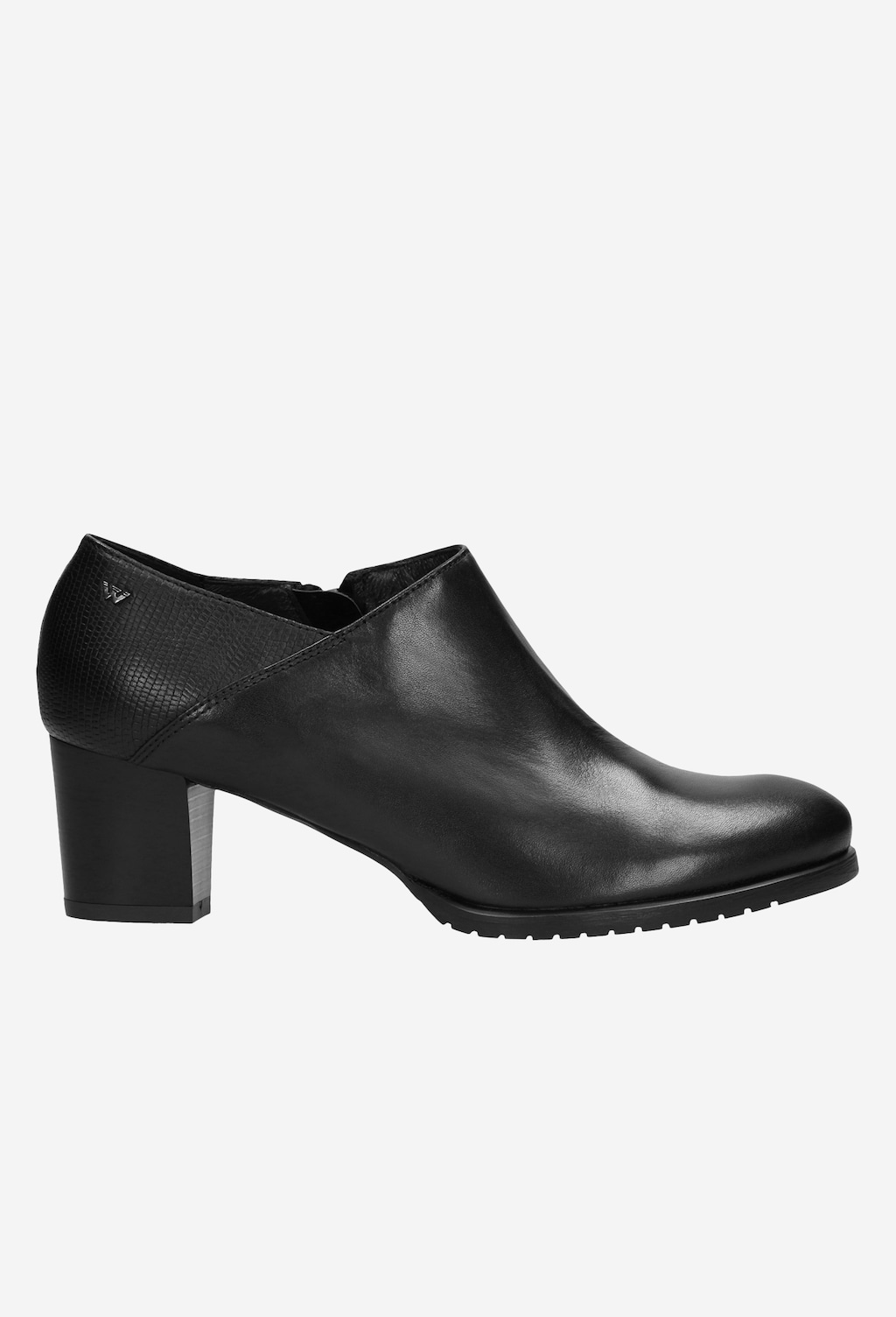 Czarne półbuty damskie Wojas model 9494-51 wykonane ze skóry, z perforowanym detalem, na stabilnym słupku, z widoczną gumową podeszwą, w ujęciu bocznym.