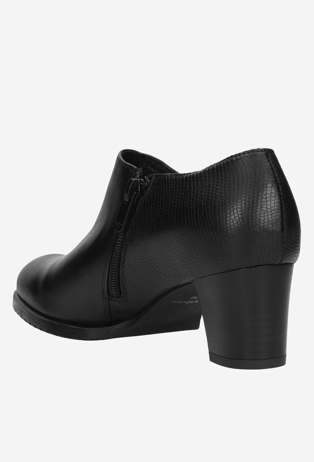 Czarne półbuty damskie Wojas model 9494-51 z tłoczoną teksturą, bocznym zamkiem i eleganckim niskim słupkiem, ujęcie z boku ukazujące profil buta.