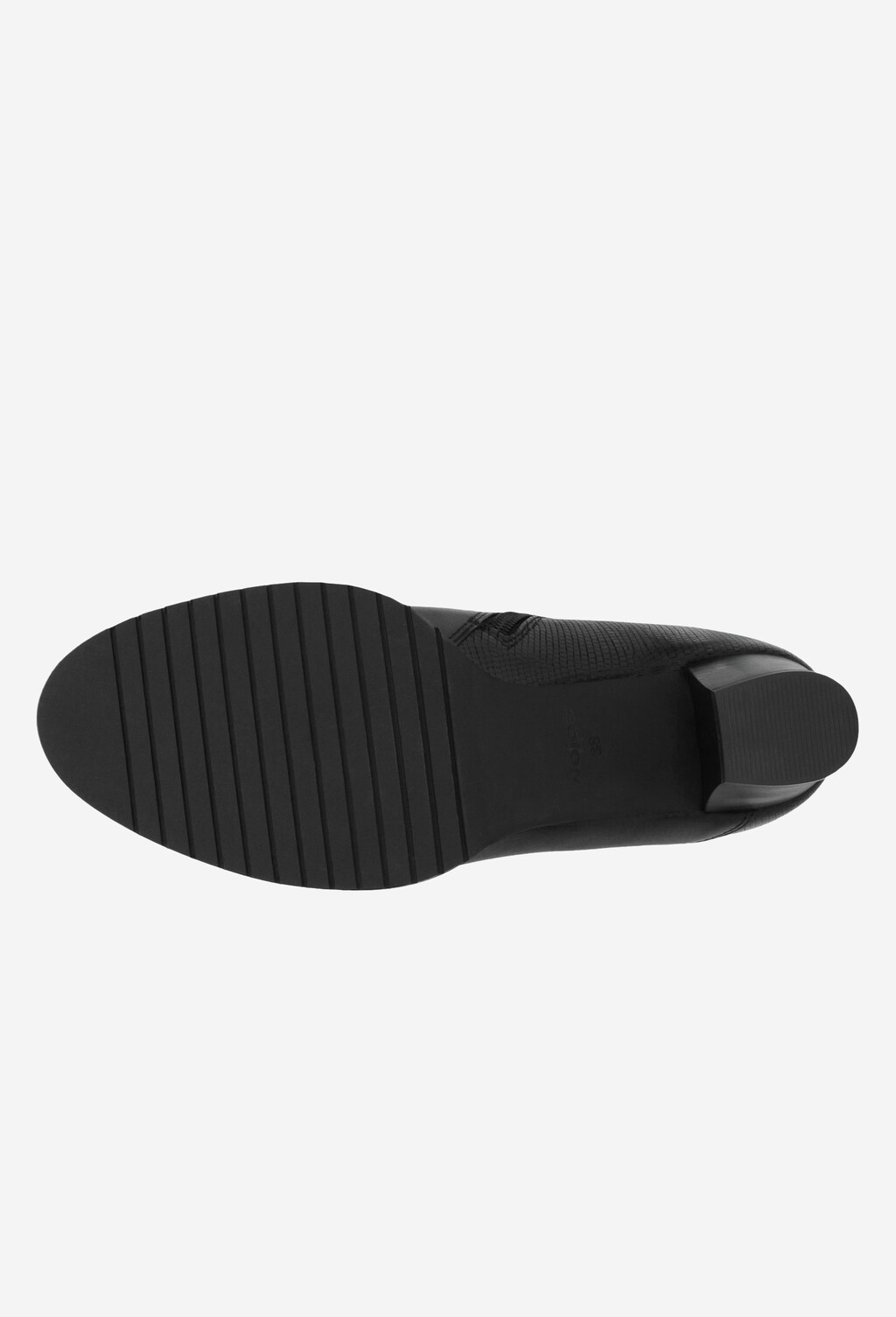 Podeszwa czarnych półbutów damskich Wojas model 9494-51 na niskim słupku, z wyraźnym żłobieniem dla lepszej przyczepności, widok od spodu.