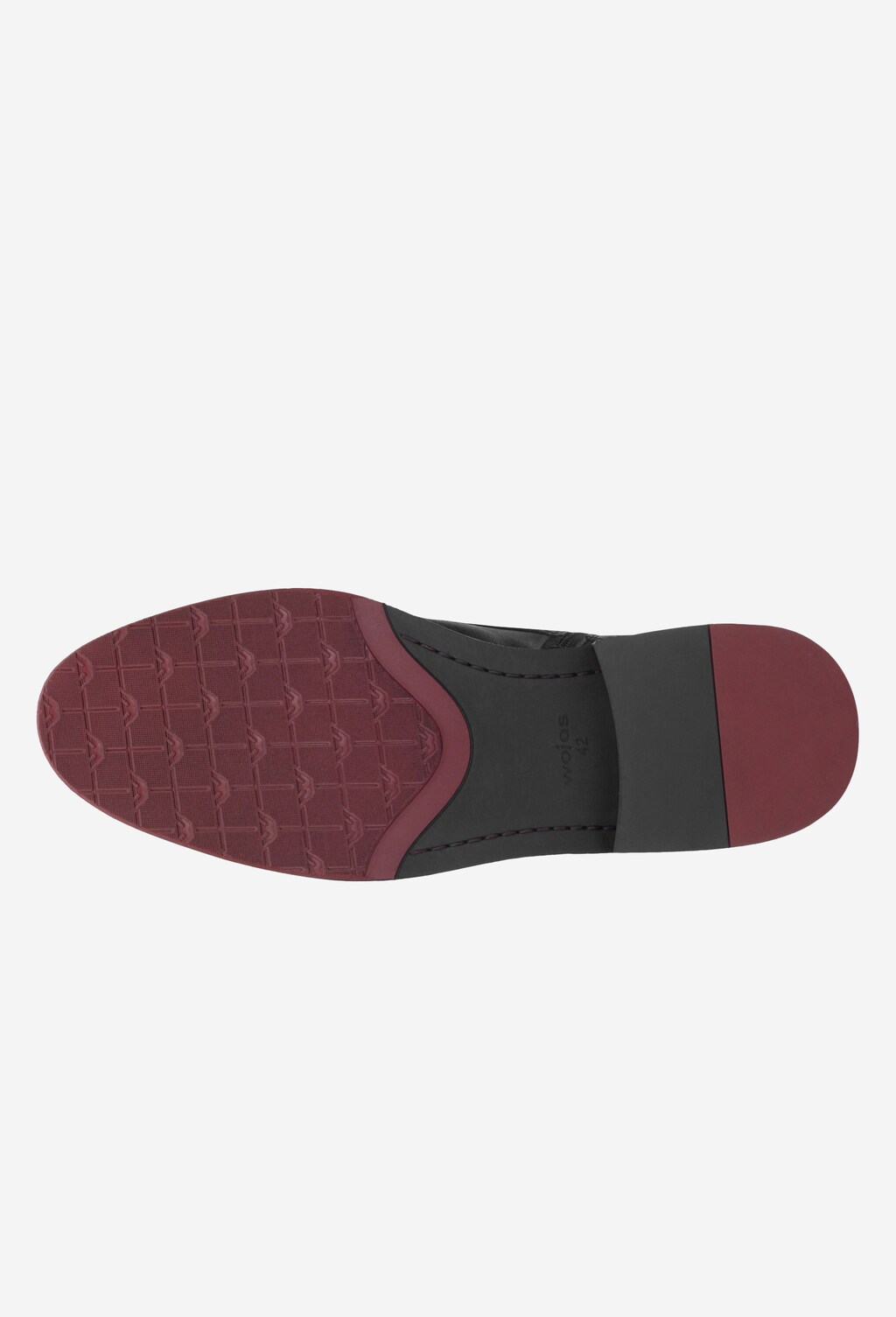 Podeszwa czarnych trzewików męskich Wojas model 9171-51 z czarną środkową częścią i bordowymi elementami na pięcie i przodzie, widok od spodu.