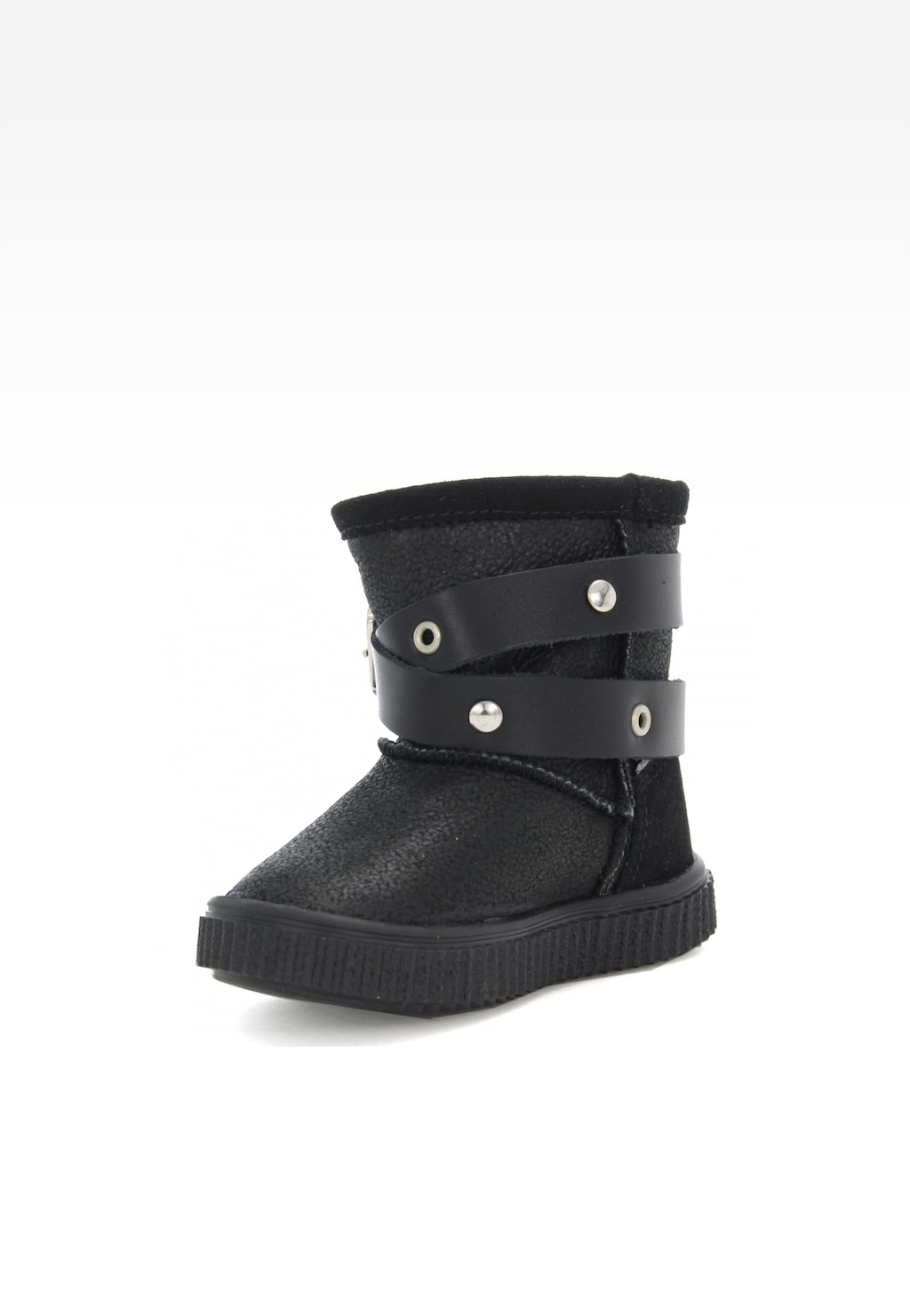 Czarne ocieplane kozaki dziewczęce Bartek W-610670/BAX z ozdobnymi paskami i metalowymi ćwiekami, na płaskiej podeszwie, idealne na zimowe dni.