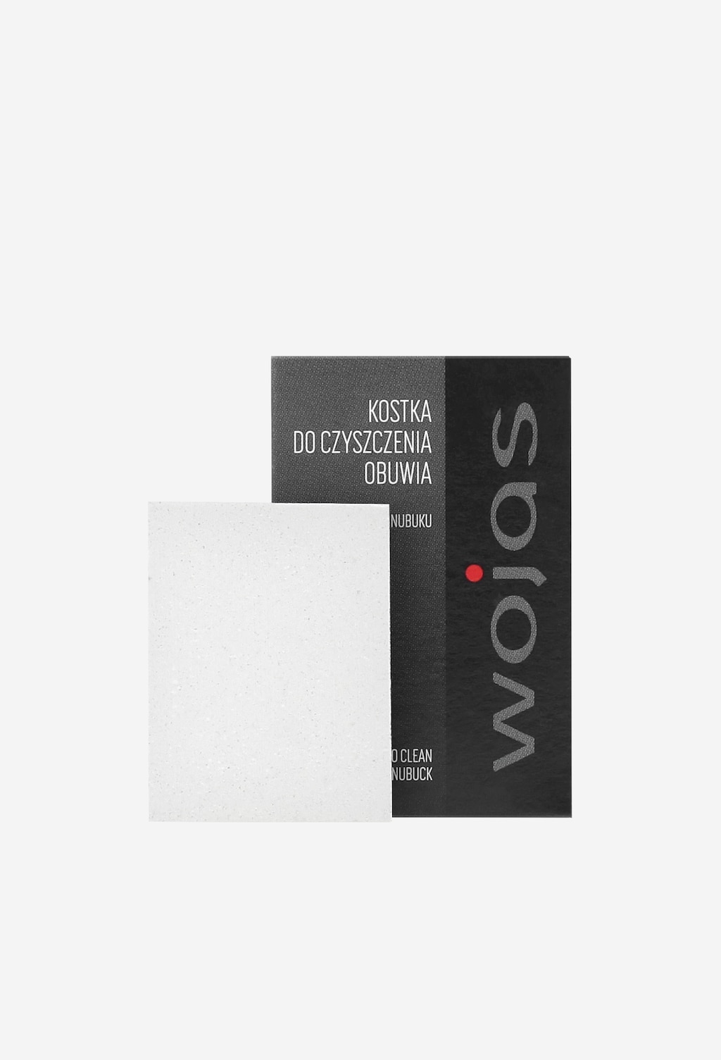Kostka gumowa do czyszczenia obuwia Wojas model 99001-00, biała, obok czarne opakowanie z logo marki i napisem 