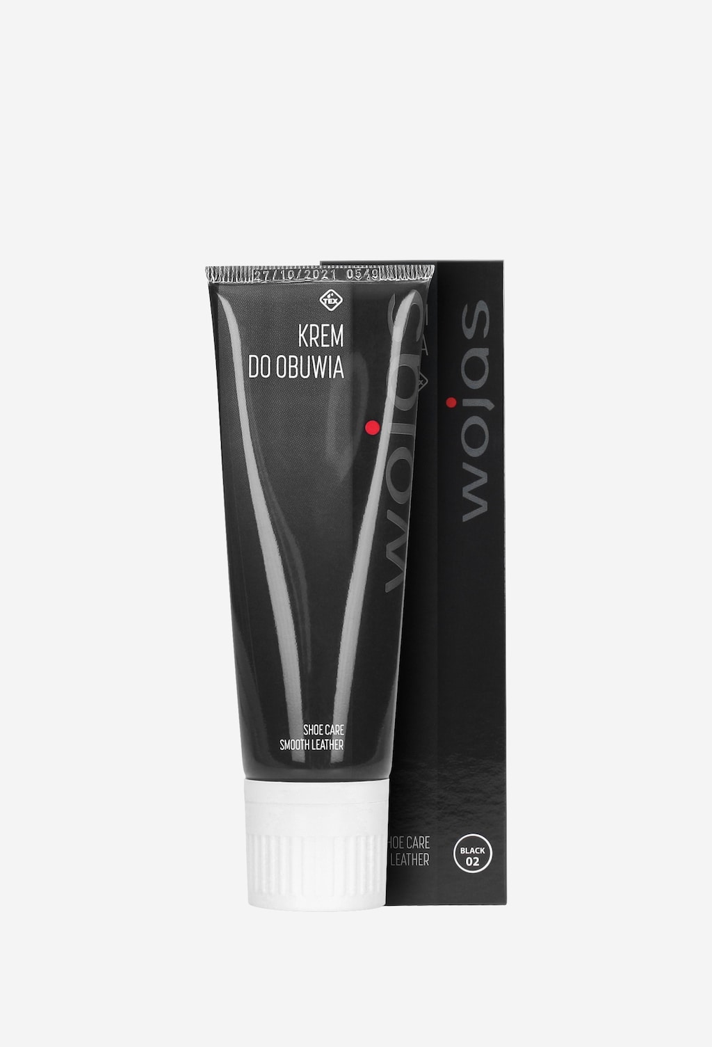 Czarny krem do obuwia Wojas w tubie 75 ml, model 99016-01, przeznaczony do pielęgnacji skóry. Opakowanie w kolorze czarnym z białą nakrętką i logo marki.