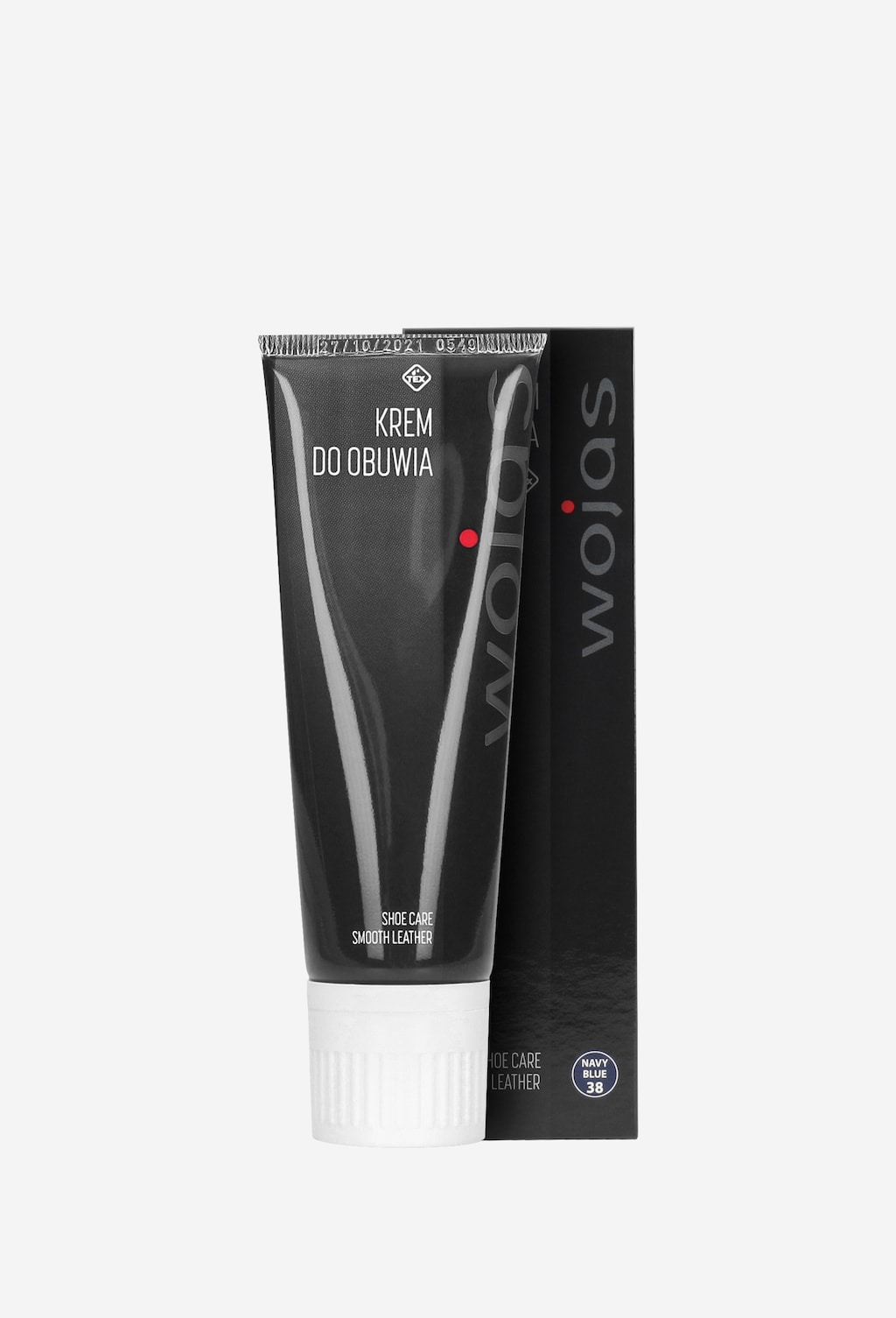 Granatowy krem do obuwia Wojas w tubie 75 ml, model 99016-06, z białą zakrętką. Opakowanie czarne z logo marki, przeznaczony do pielęgnacji skóry.