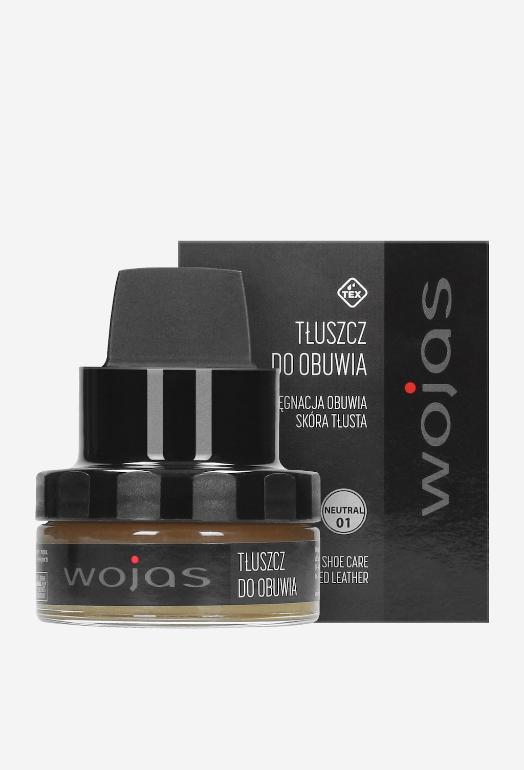 Bezbarwny tłuszcz do obuwia Wojas 50 ml model 99018-00 w eleganckim słoiczku z czarną nakrętką, obok opakowanie z logiem marki. Produkt do pielęgnacji skóry tłustej.