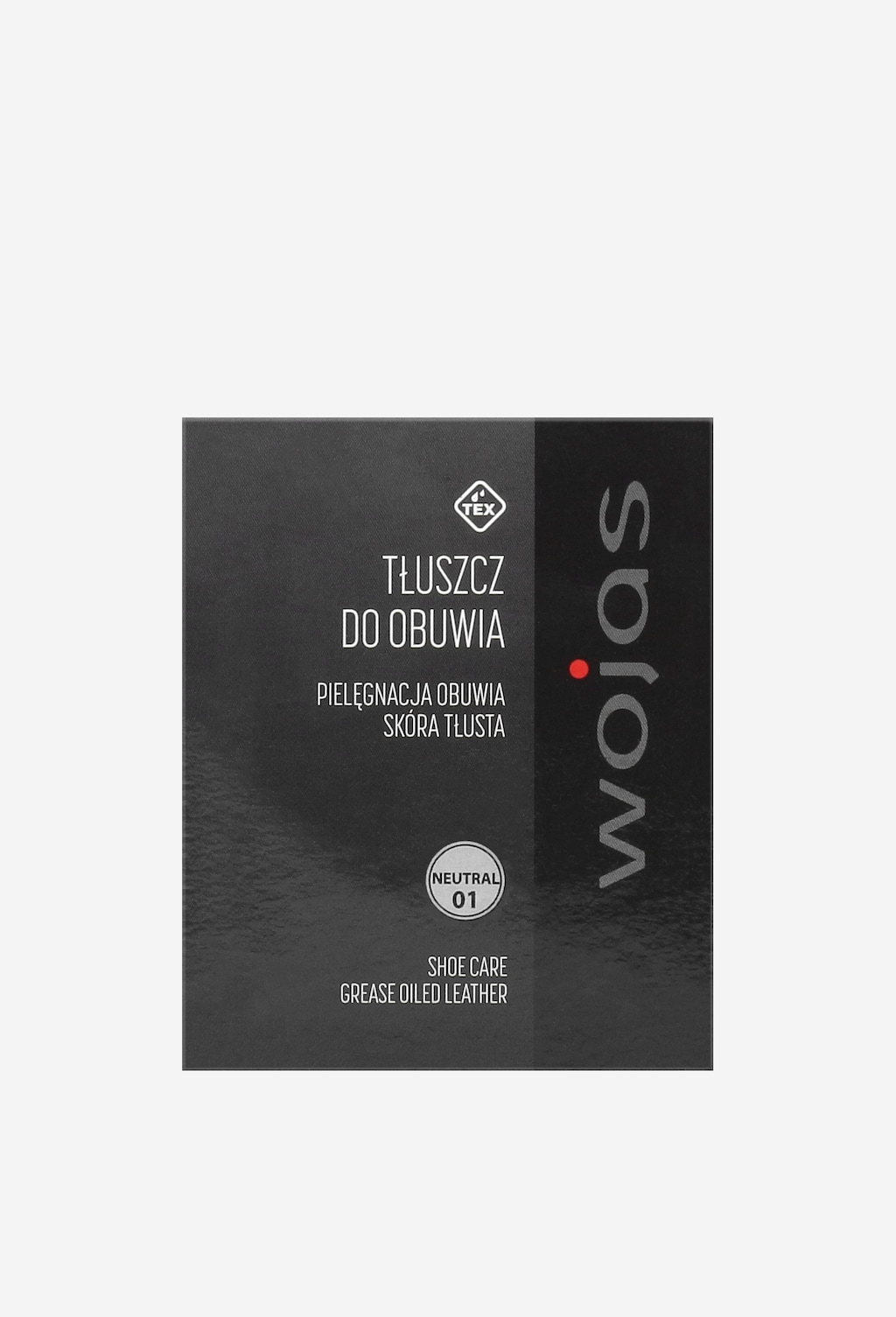 Bezbarwny tłuszcz do obuwia Wojas 50 ml, model 99018-00, w eleganckim czarnym opakowaniu z napisami dotyczącymi pielęgnacji skóry tłustej.