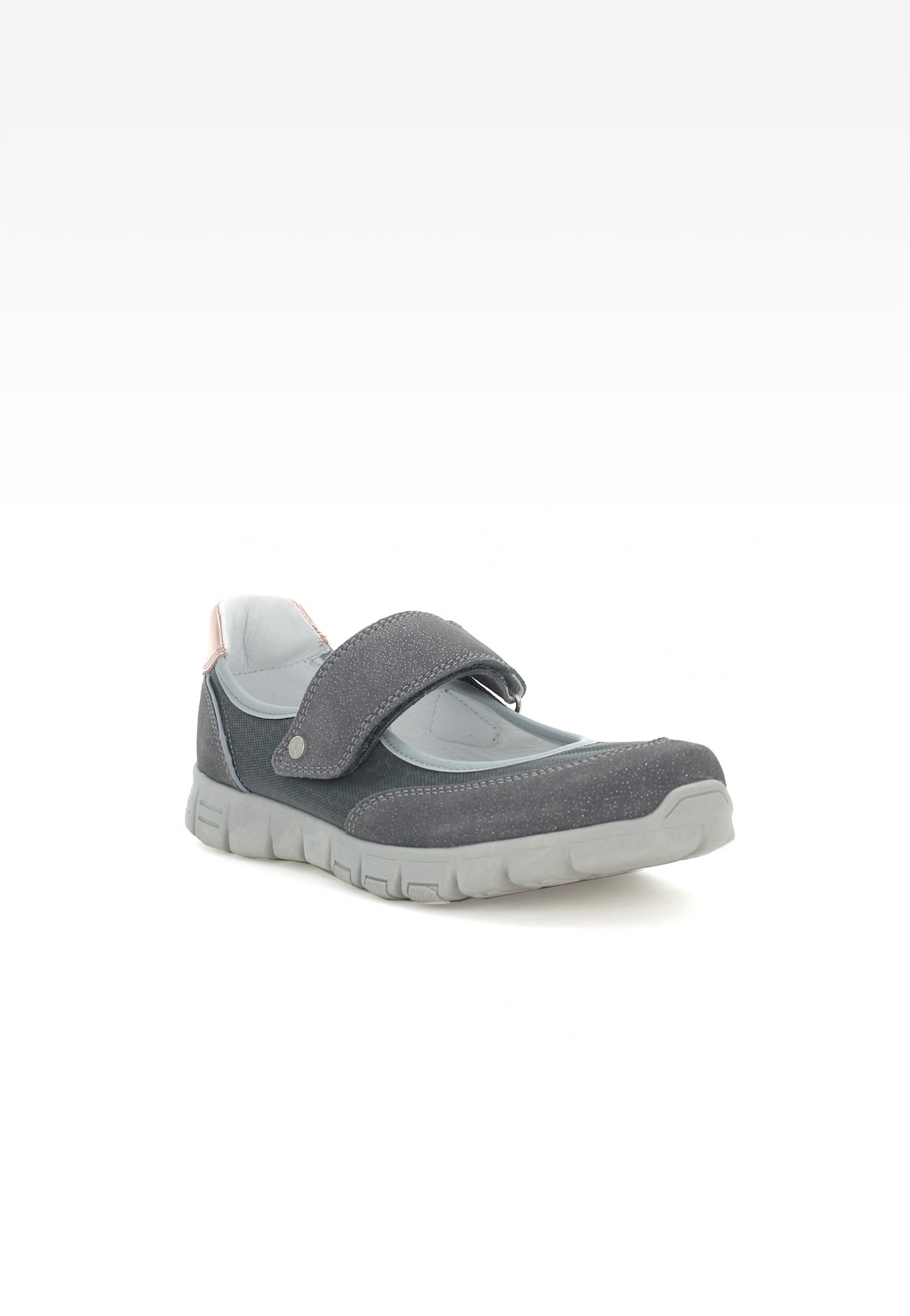 Eleganckie szare buty wizytowe Bartek W-58026/07K dla dziewcząt z zapięciem na rzep, zamszową cholewką i jasną podeszwą, idealne na uroczyste okazje.