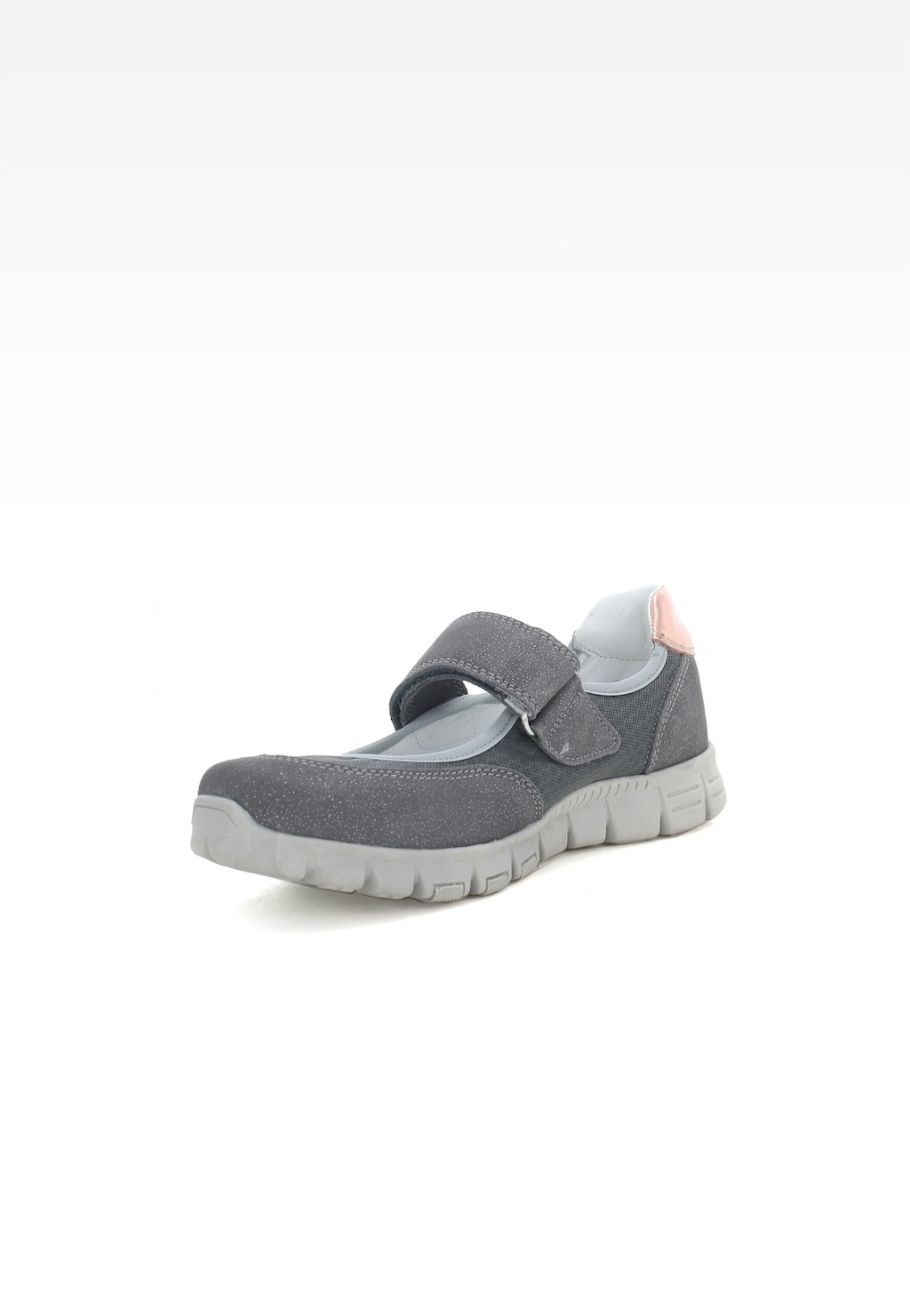 Szare buty wizytowe Bartek W-58026/07K dla dziewcząt z różowym detalem, zapinane na rzep, z elastyczną podeszwą i zamszowym wykończeniem.