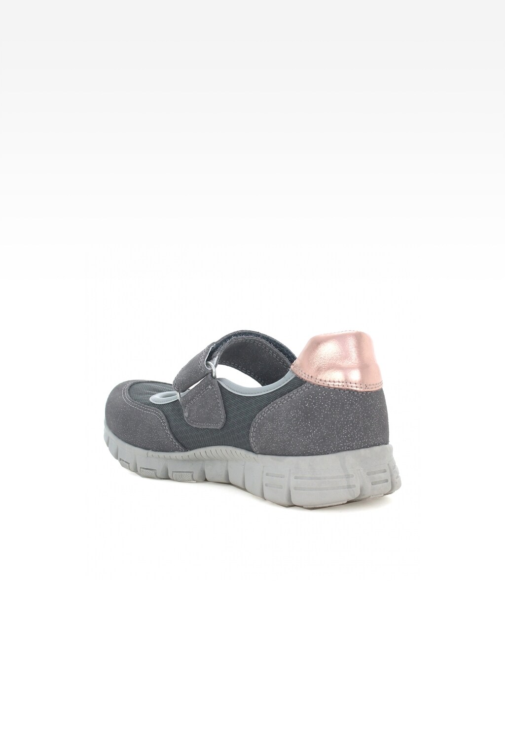 Szare buty wizytowe dla dziewczynki Bartek W-58026/07K z błyszczącymi detalami i różowym wykończeniem z tyłu, zapinane na rzep, z elastyczną podeszwą.