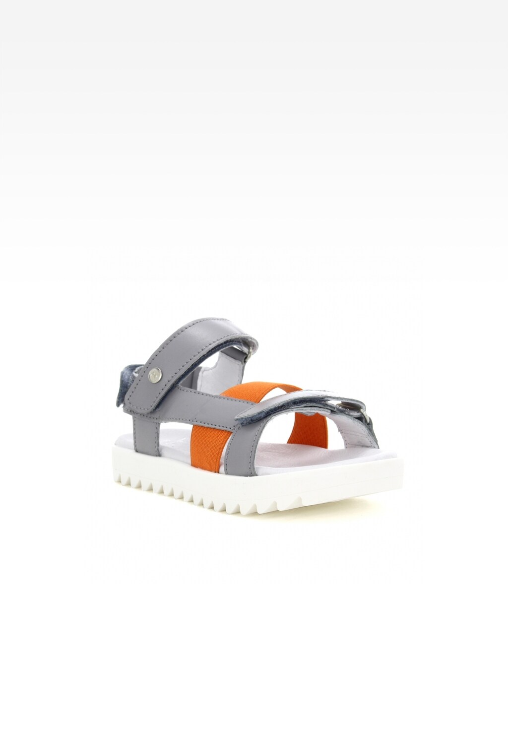 Dziewczęce sandały Bartek T-16181/N16 w kolorze szarym z pomarańczowym paskiem, na białej podeszwie z rzepami, idealne na lato.