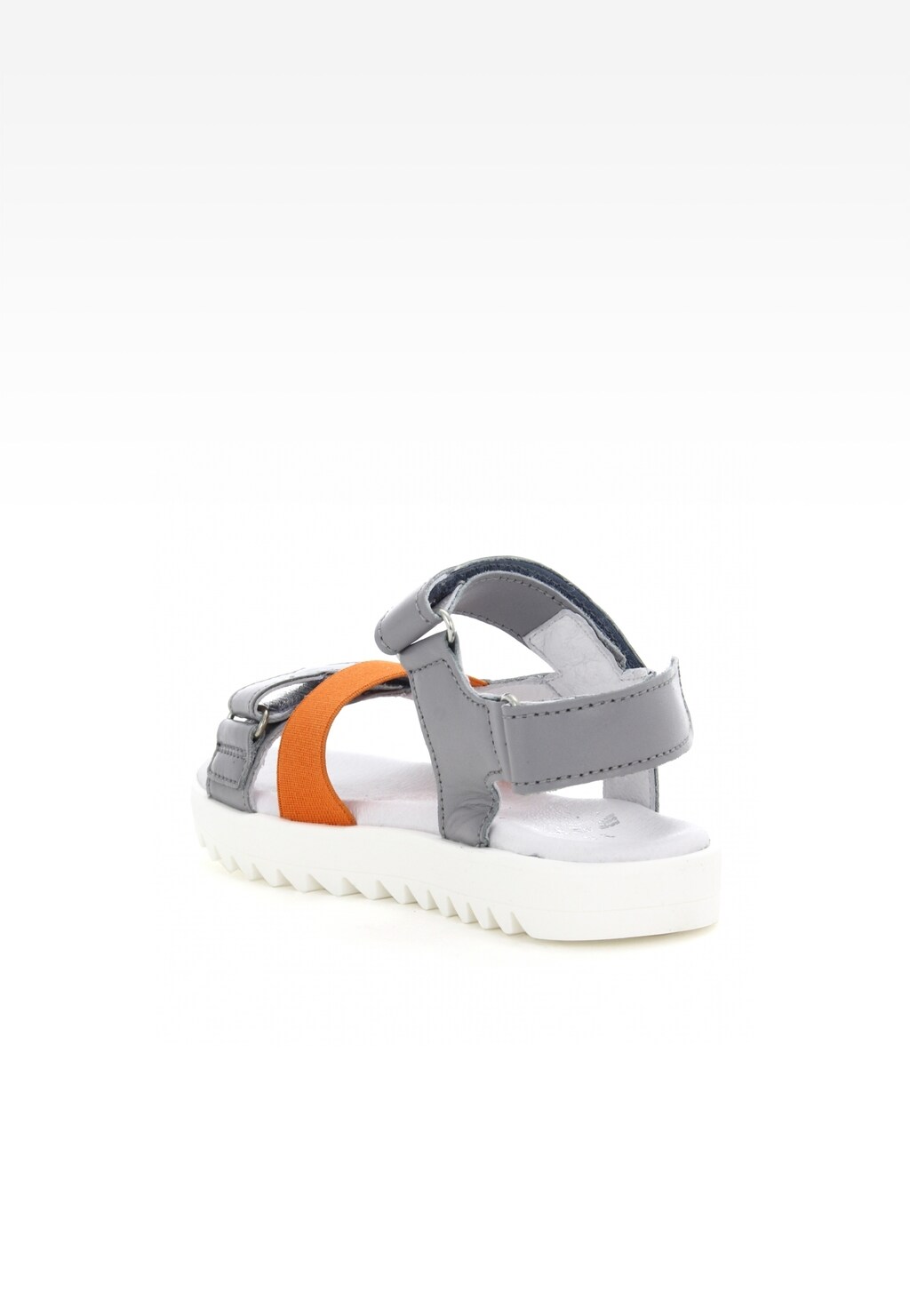 Szare sandały dziewczęce Bartek T-16181/N16 z pomarańczowym paskiem, zapinane na rzepy, z białą podeszwą o sportowym charakterze.