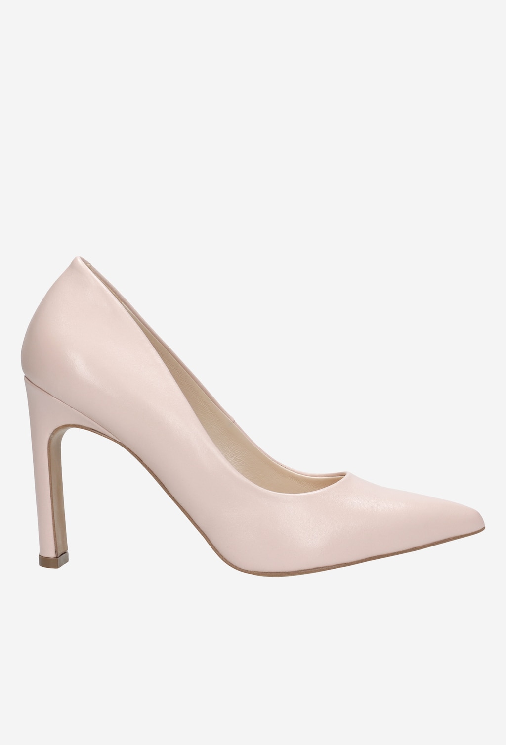 Eleganckie czółenka damskie Wojas model 35007-54 w kolorze jasnoróżowym, z błyszczącą skórzaną powierzchnią, smukłym obcasem i spiczastym noskiem, ujęte z boku.