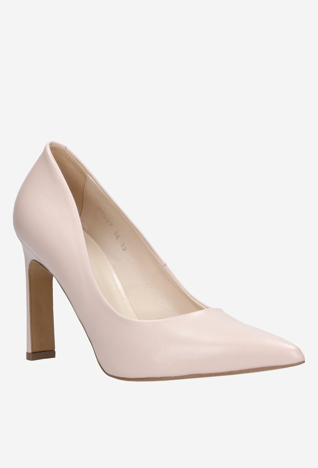 Eleganckie czółenka damskie Wojas model 35007-54 w jasnoróżowym kolorze na wysokim, prostokątnym obcasie, z charakterystycznym spiczastym noskiem.