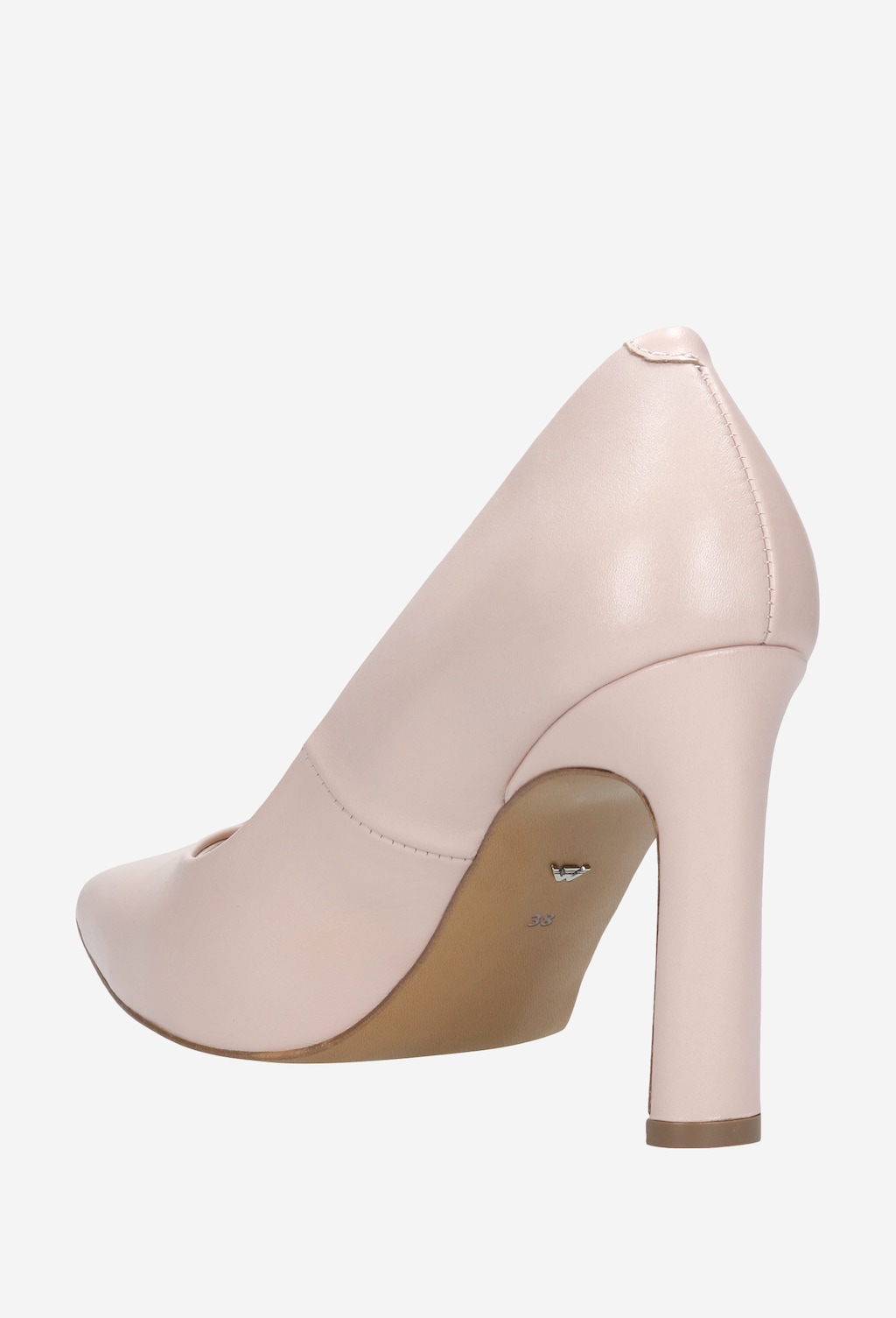 Eleganckie beżowe czółenka damskie Wojas model 35007-54 z grubym obcasem, widoczne z tyłu, wykonane z gładkiej skóry, na wysokim stabilnym słupku.
