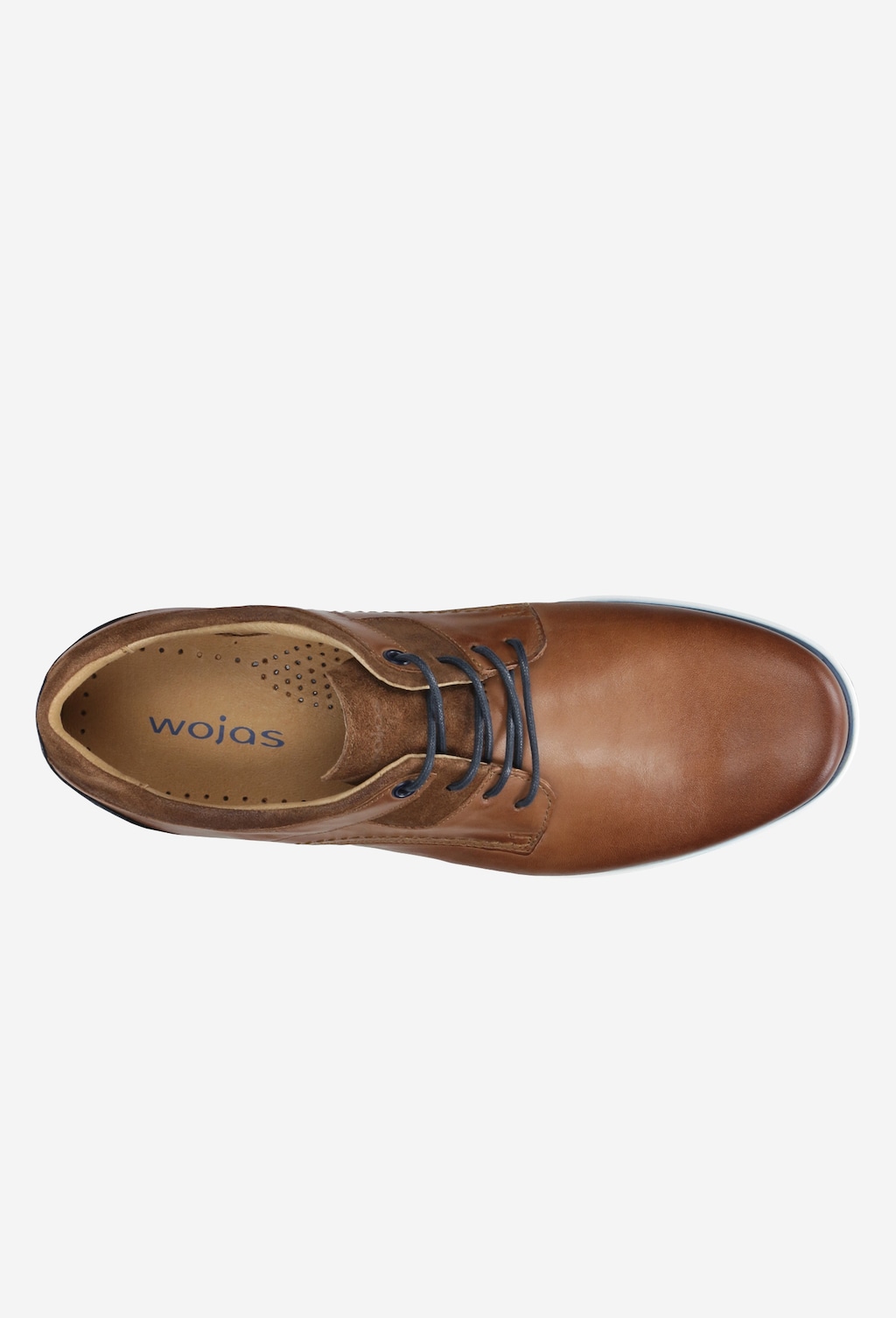 Brązowy półbut męski Wojas model 10027-73 z granatowymi sznurówkami, widok z góry. Wygodne obuwie z charakterystyczną granatową wstawką i skórzaną cholewką.