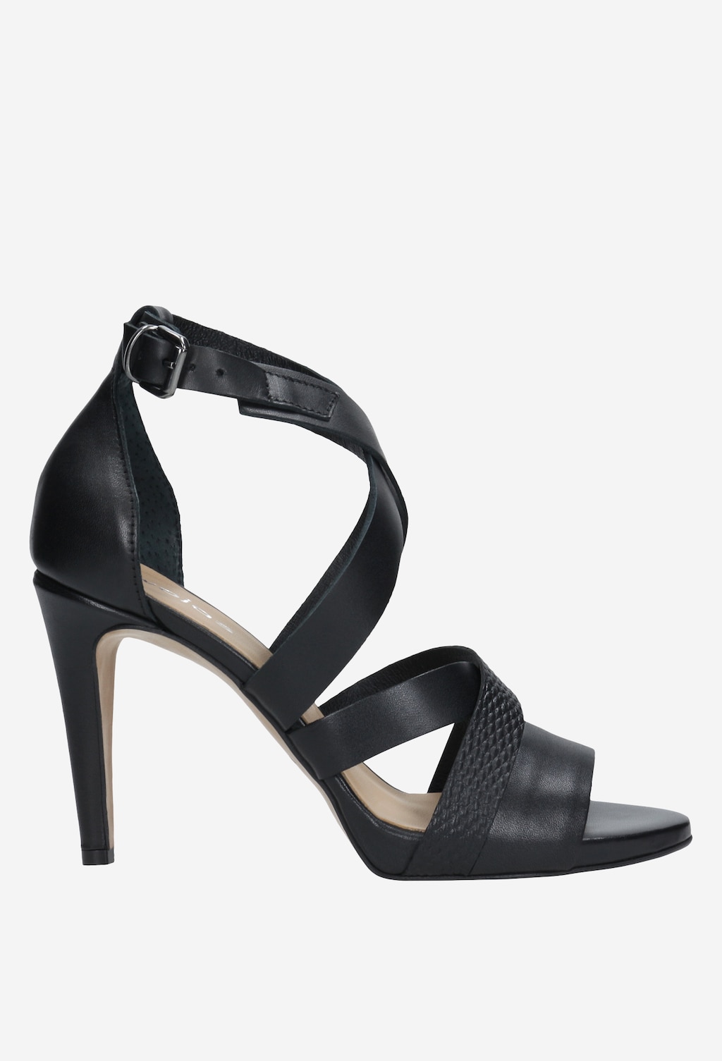 Eleganckie czarne sandały damskie Wojas model 76045-51 na wysokiej szpilce z krzyżowymi paskami i zapięciem na kostkę, widoczne z boku.