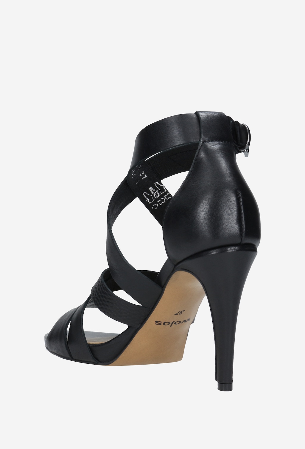 Eleganckie czarne sandały damskie Wojas model 76045-51 na wysokiej szpilce, z krzyżowymi paskami i zapięciem na kostce, widoczne z perspektywy bocznej.