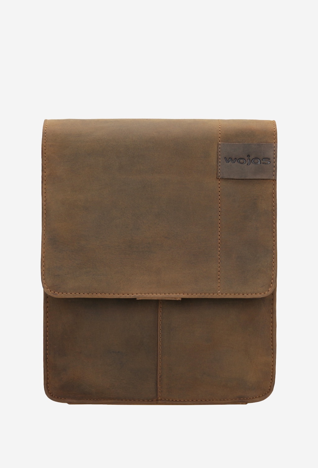 Mała brązowa torba męska Wojas 80043-92 ze skóry crazy horse z przednią klapą, dwoma kieszeniami i firmowym logo umieszczonym w prawym górnym rogu.
