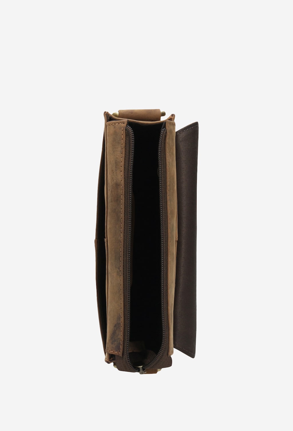 Mała brązowa torba męska Wojas 80043-92 ze skóry crazy horse, widok z góry ukazujący otwarte wnętrze z zamkiem błyskawicznym i przegródkami.