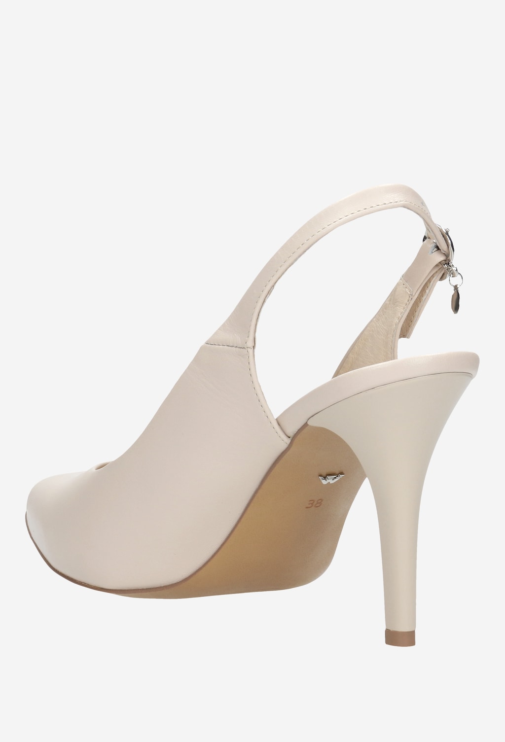 Beżowe czółenka Wojas model 35020-54 z odkrytą piętą, zapinane na pasek z tyłu, na smukłym, wysokim obcasie, widok z boku.