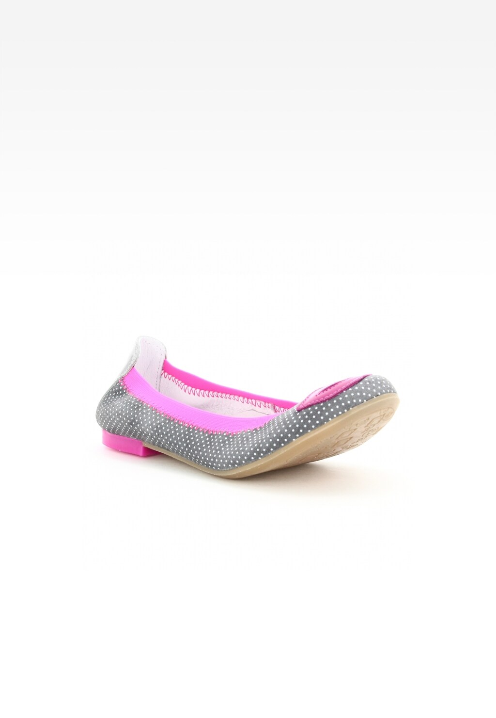 Wizytowe baleriny Bartek T-18654/1FX dla dziewcząt w szaro-różowym kolorze, z szarą teksturą w kropki, różowym wykończeniem i elastyczną gumką, z widoczną podeszwą.