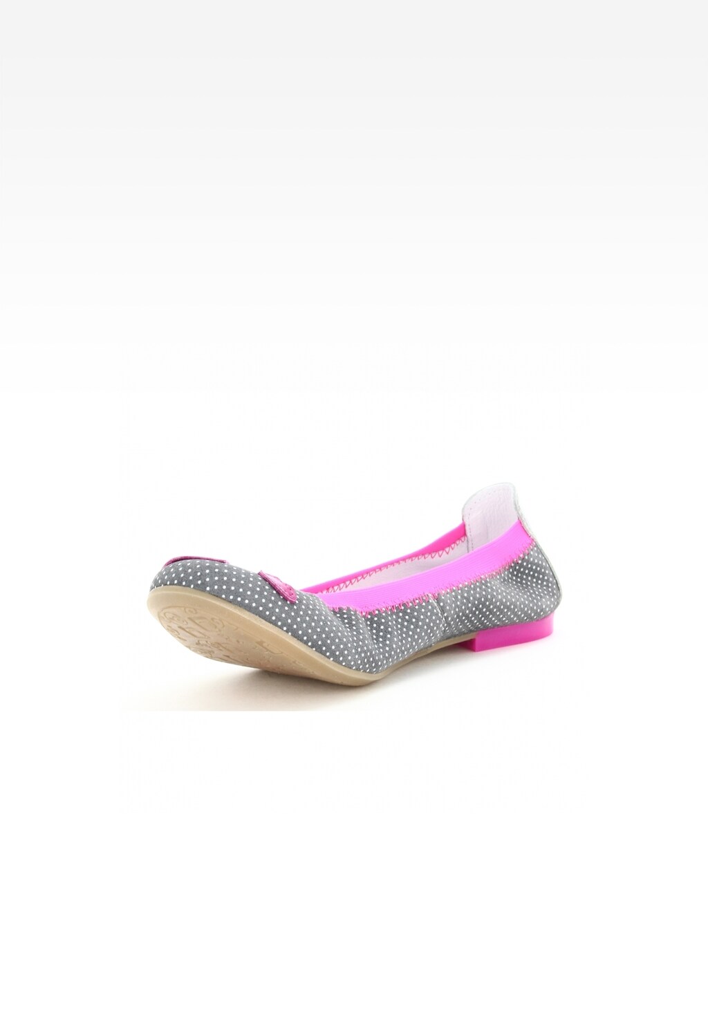 Dziewczęce balerinki wizytowe Bartek T-18654/1FX w szaro-różowym kolorze, z kropkowanym wzorem na szarej części i kontrastową różową obwódką, widok z boku.