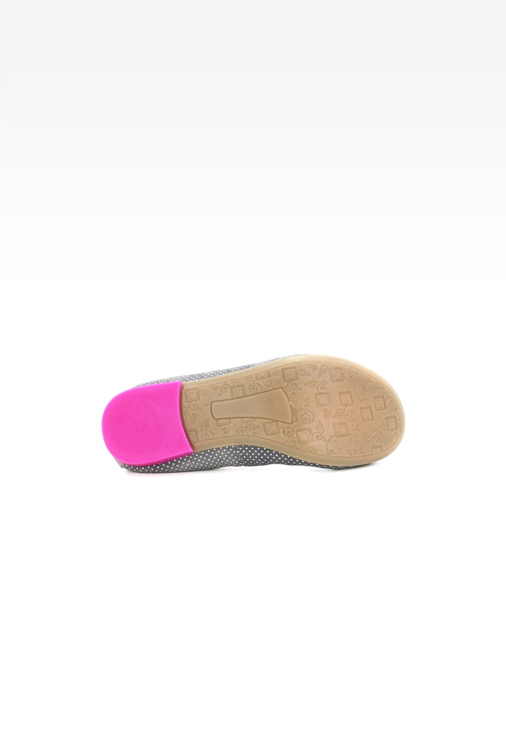 Podeszwa dziecięcych butów wizytowych Bartek T-18654/1FX dla dziewcząt w kolorze szaro-różowym, z charakterystycznym różowym obcasem i wzorzystą powierzchnią antypoślizgową.