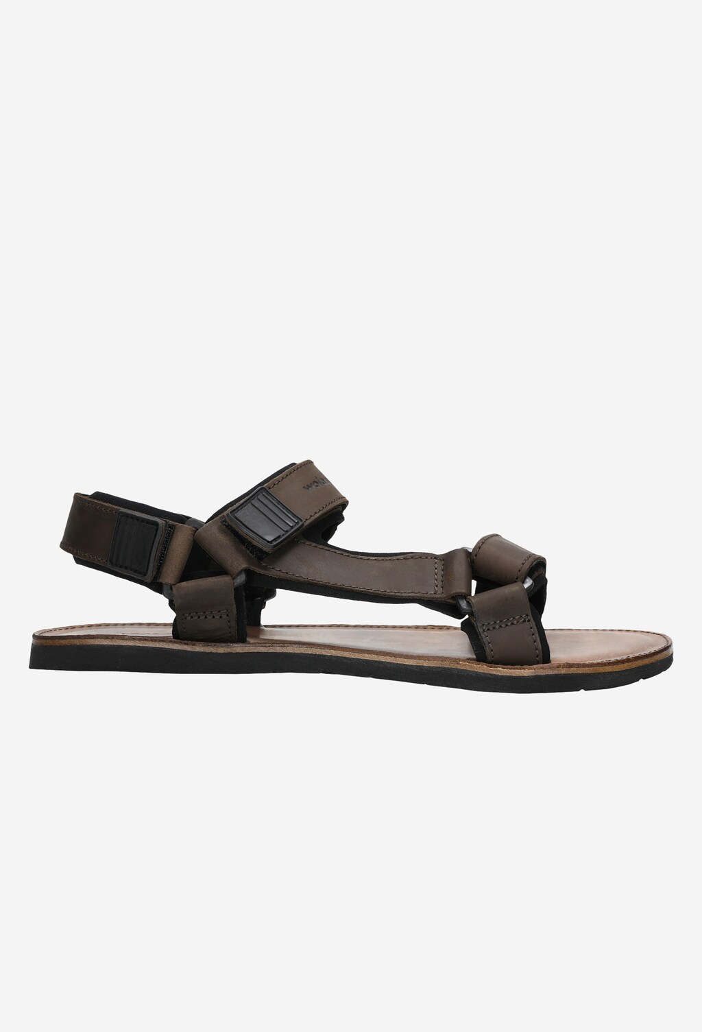 Brązowe męskie sandały Wojas 29003-92 z boku, wykonane ze skóry crazy horse, z regulowanymi rzepami i wygodną podeszwą, idealne na lato.