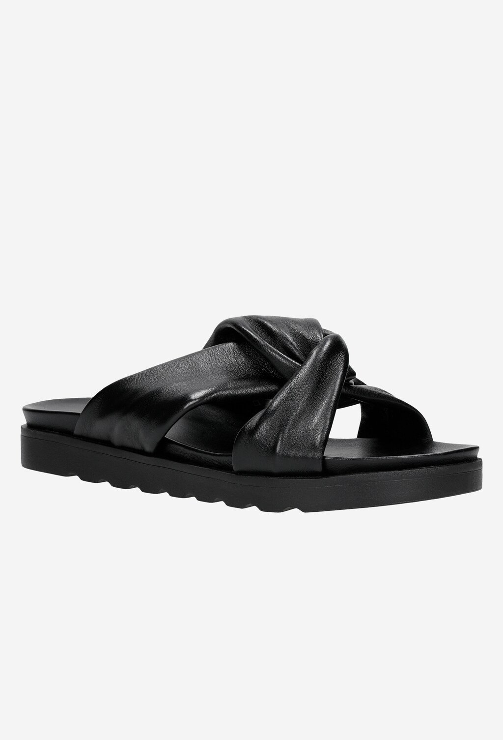 Czarne klapki damskie z szerokimi przeplatanymi paskami ze skóry licowej 74014-51 Widok 3