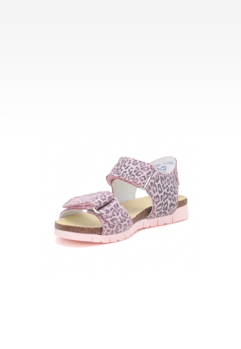 Różowe sandały dziewczęce Bartek W-76183/BBK z panterowym wzorem, zapinane na rzepy, z korkową podeszwą i elastyczną, jasnoróżową podeszwą zewnętrzną.