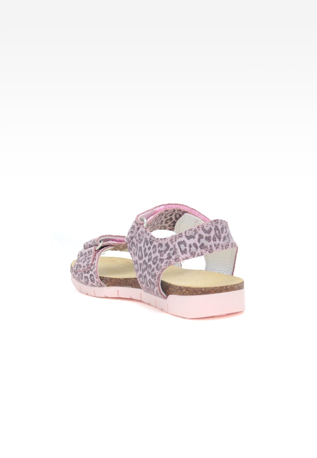 Różowe sandały dziewczęce Bartek W-76183/BBK z panterowym wzorem, zapinane na rzepy, z wygodną beżową wkładką i jasnoróżową podeszwą, widok z tyłu.