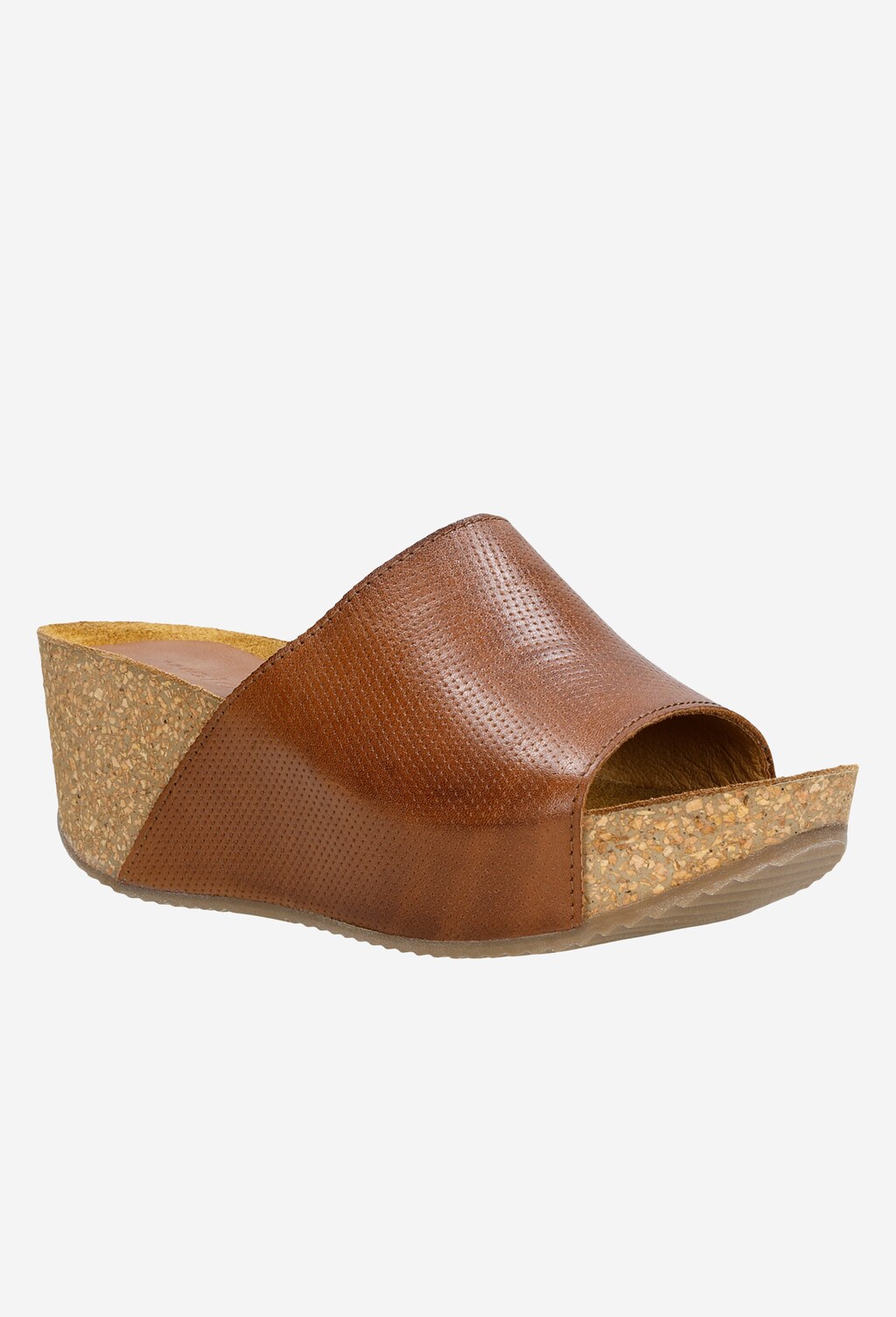 Brązowe klapki damskie na koturnie z perforowanej skóry licowej 74021-53 Widok 2