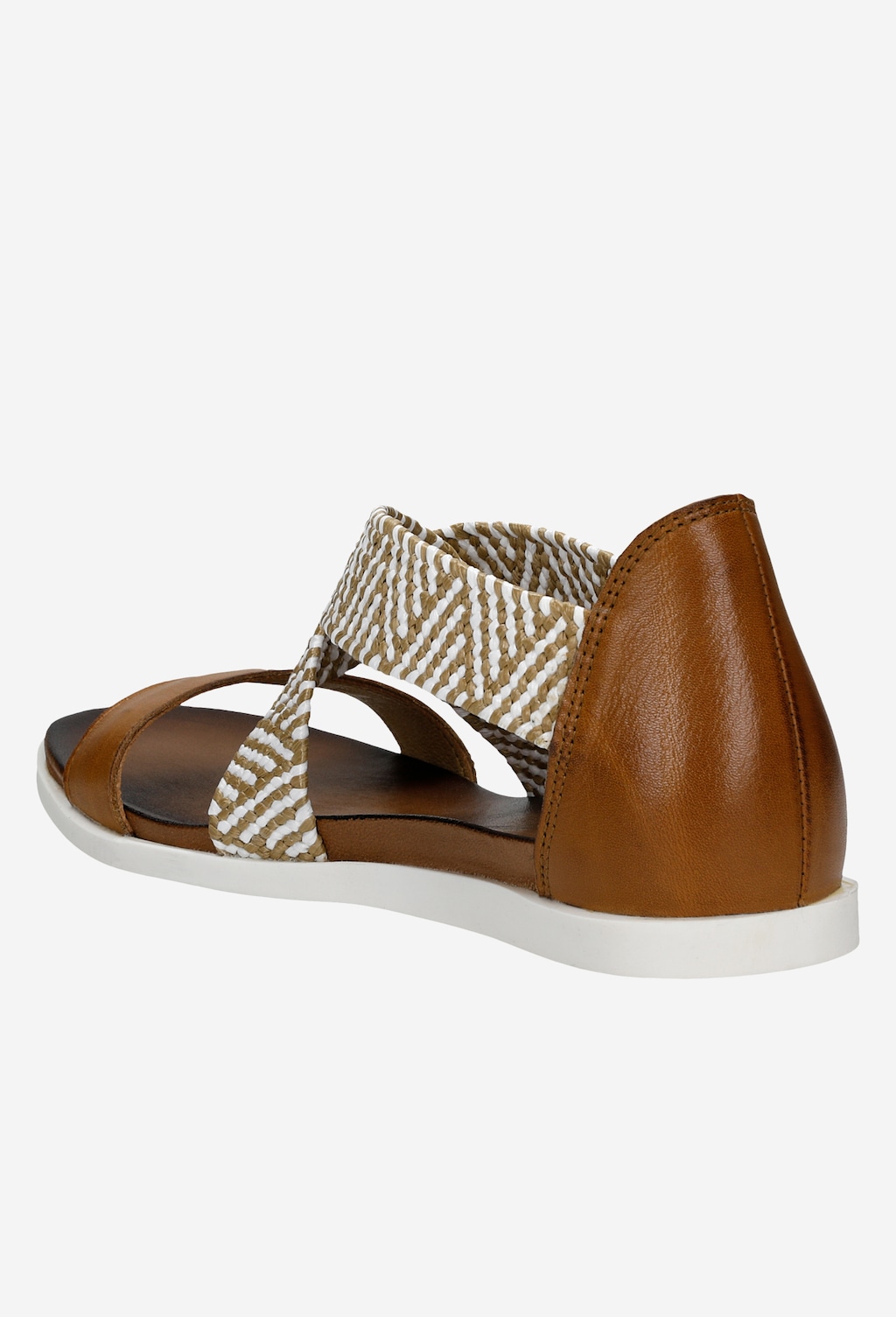 Jasnobrązowe sandały damskie Wojas model 76018-83 z charakterystycznym plecionym paskiem w geometryczny wzór, skórzaną cholewką i białą podeszwą, widok z boku.