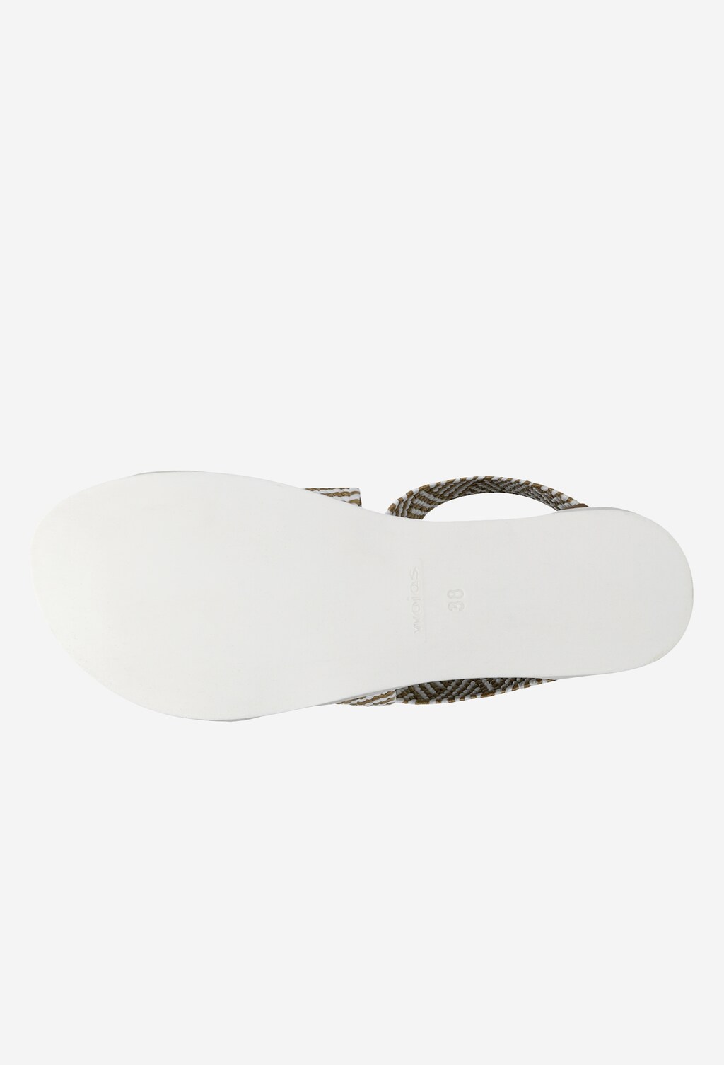 Spód jasnobrązowych sandałów damskich Wojas model 76018-83 z białą podeszwą i widocznymi plecionymi paskami, widok od dołu obuwia.