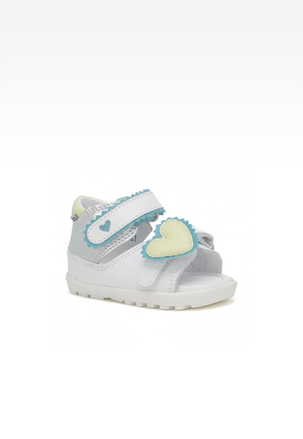 Białe sandałki dziecięce Bartek Mini first steps W-71181/SPX dla dziewcząt z paskiem na rzep i żółtym sercem ozdobione turkusowymi elementami, idealne na pierwsze kroki.