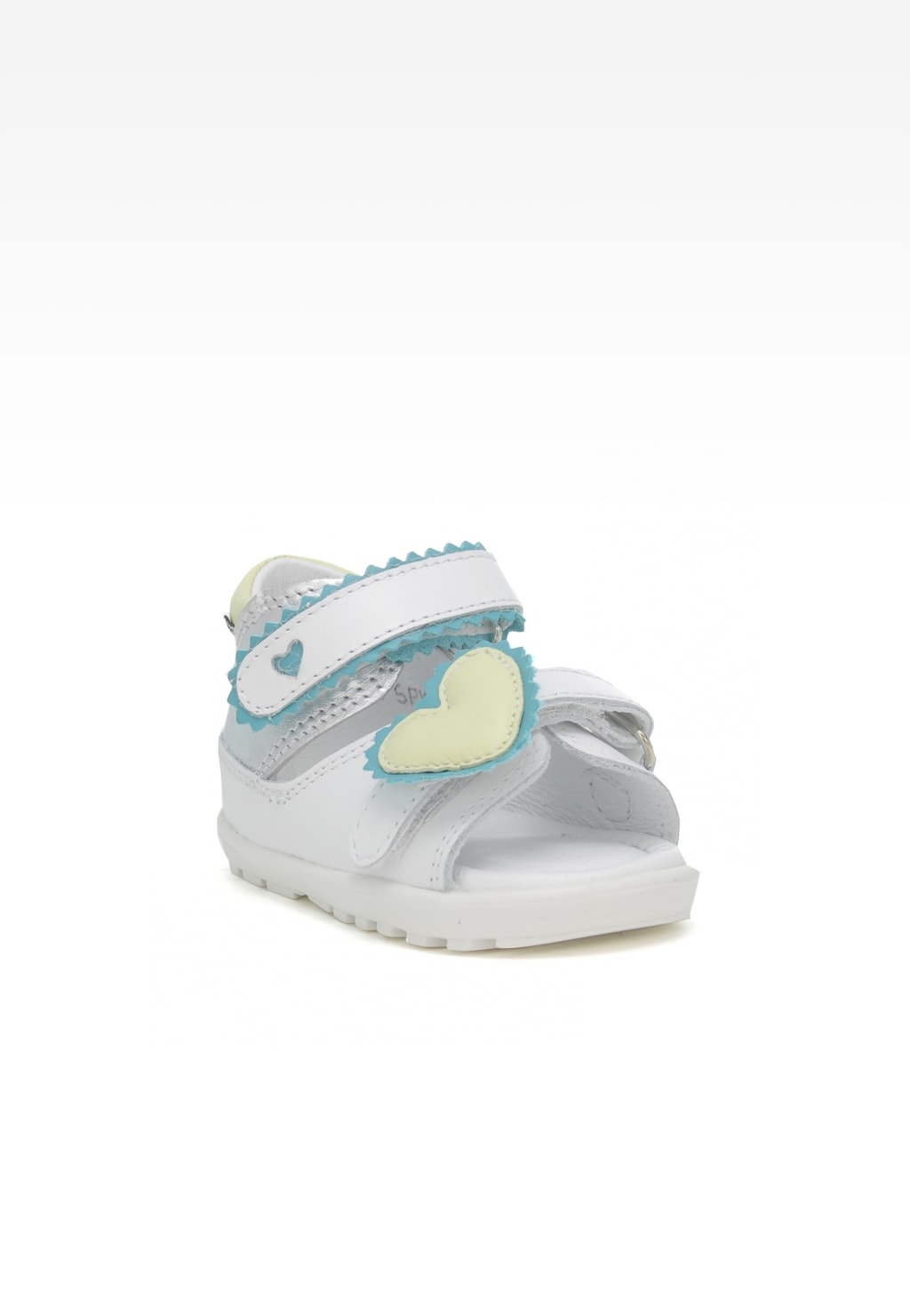 Białe sandały dziecięce Bartek Mini first steps W-71181/SPX dla dziewcząt z paskiem na rzep, ozdobione błękitnymi elementami i żółtym sercem, idealne na pierwsze kroki.