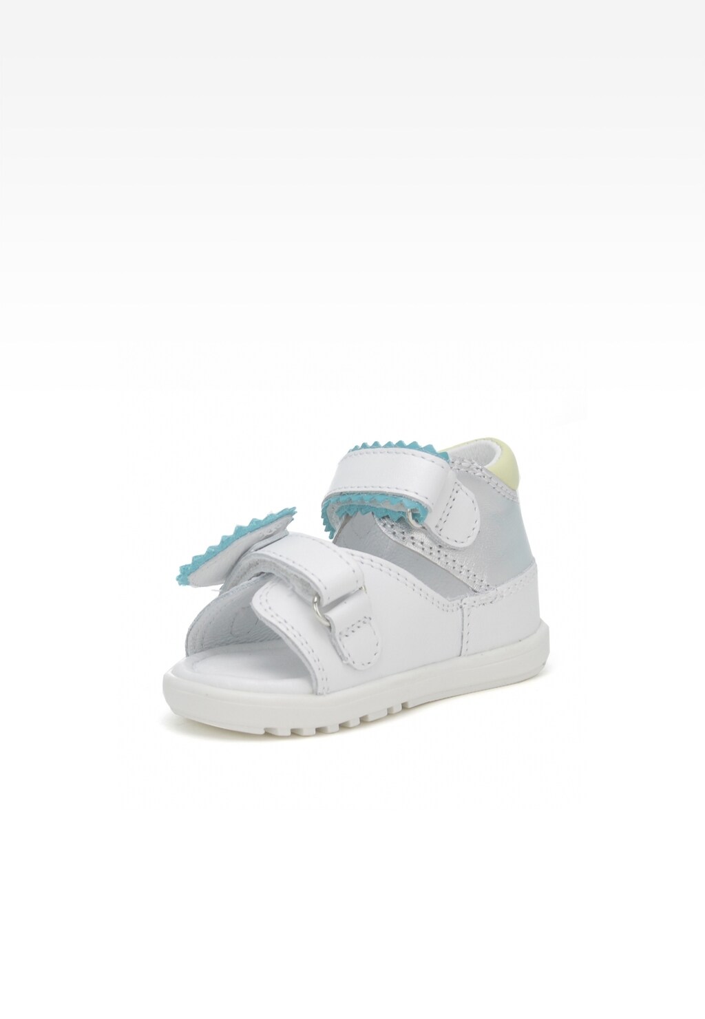 Białe sandałki dziecięce Bartek Mini first steps W-71181/SPX dla dziewcząt z niebieskim wykończeniem, zapinane na rzepy, idealne do pierwszych kroków.