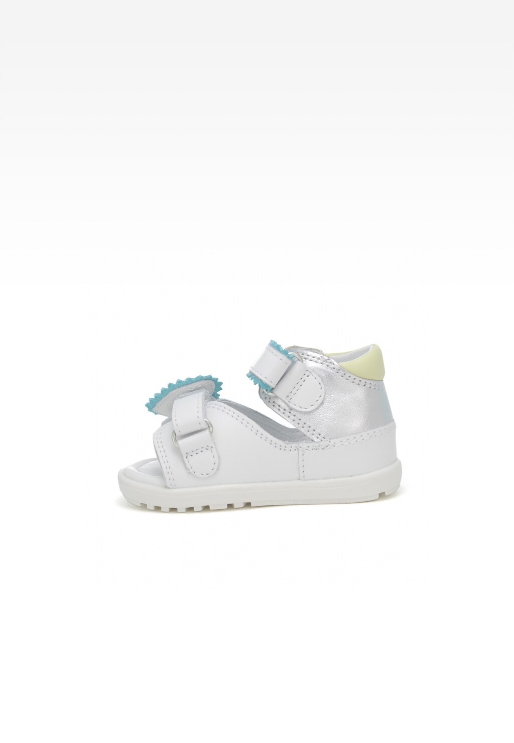 Białe buciki dziecięce Bartek Mini first steps W-71181/SPX z błękitnymi ozdobnymi wykończeniami i jasnożółtym detalem na pięcie, zapinane na rzepy, idealne dla pierwszych kroków dziewczynki.