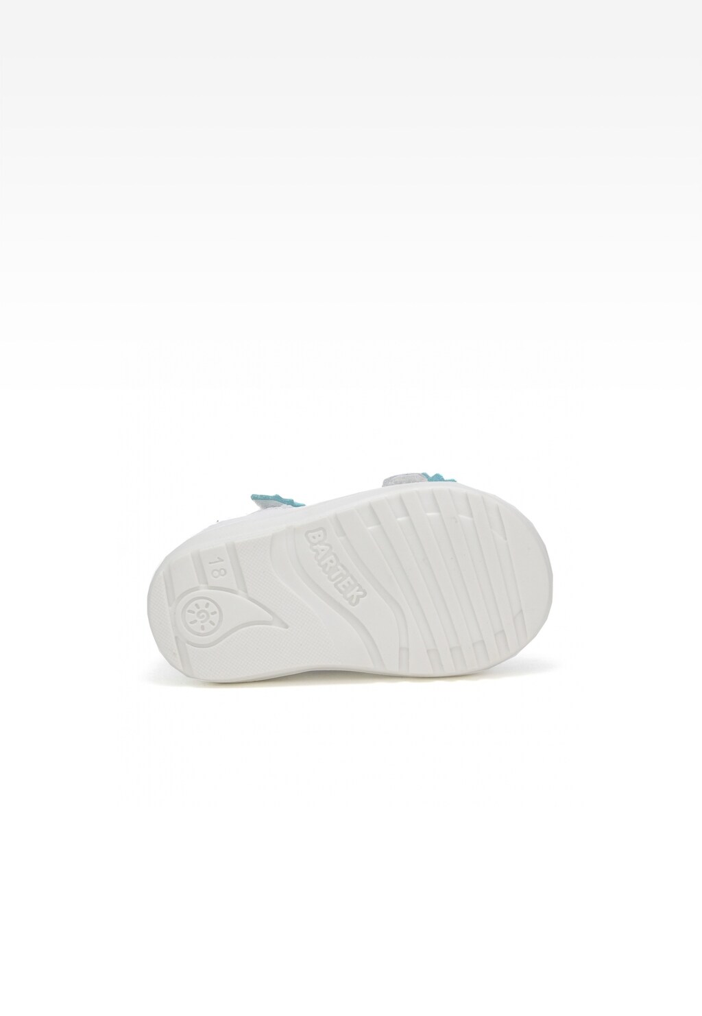 Biała podeszwa bucików dziecięcych Bartek Mini first steps W-71181/SPX dla dziewcząt, z widocznym logo marki i numerem rozmiaru 18, zaprojektowana dla pierwszych kroków.