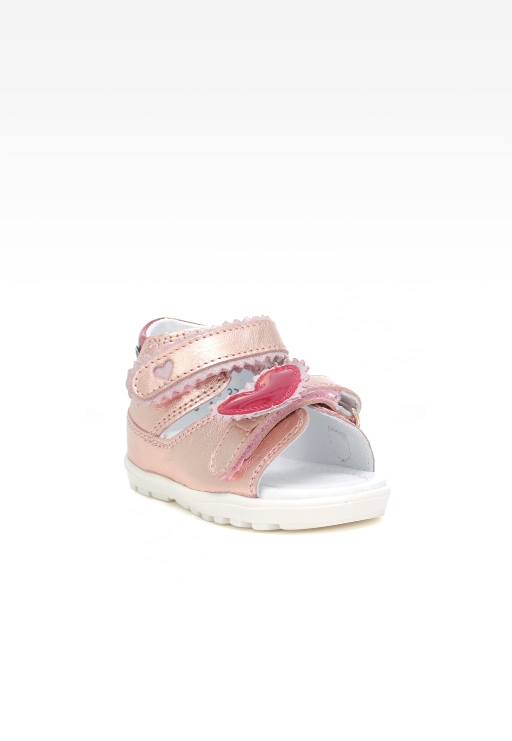 Różowo-złote sandałki Bartek Mini first steps W-071181/NRG II dla dziewcząt z uroczą aplikacją serca, zapinane na rzepy, idealne na pierwsze kroki.