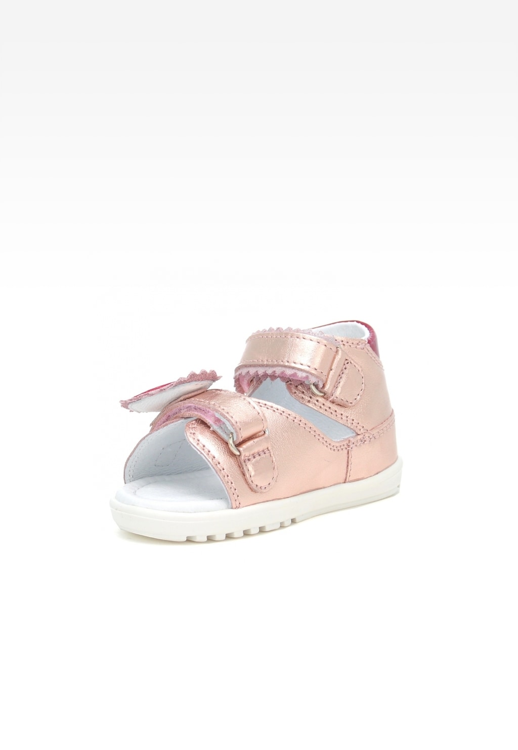 Dziewczęce różowo-złote sandałki Bartek Mini first steps W-071181/NRG II z ozdobną kokardką, na rzepy, idealne na pierwsze kroki, z białą podeszwą i miękką wkładką.