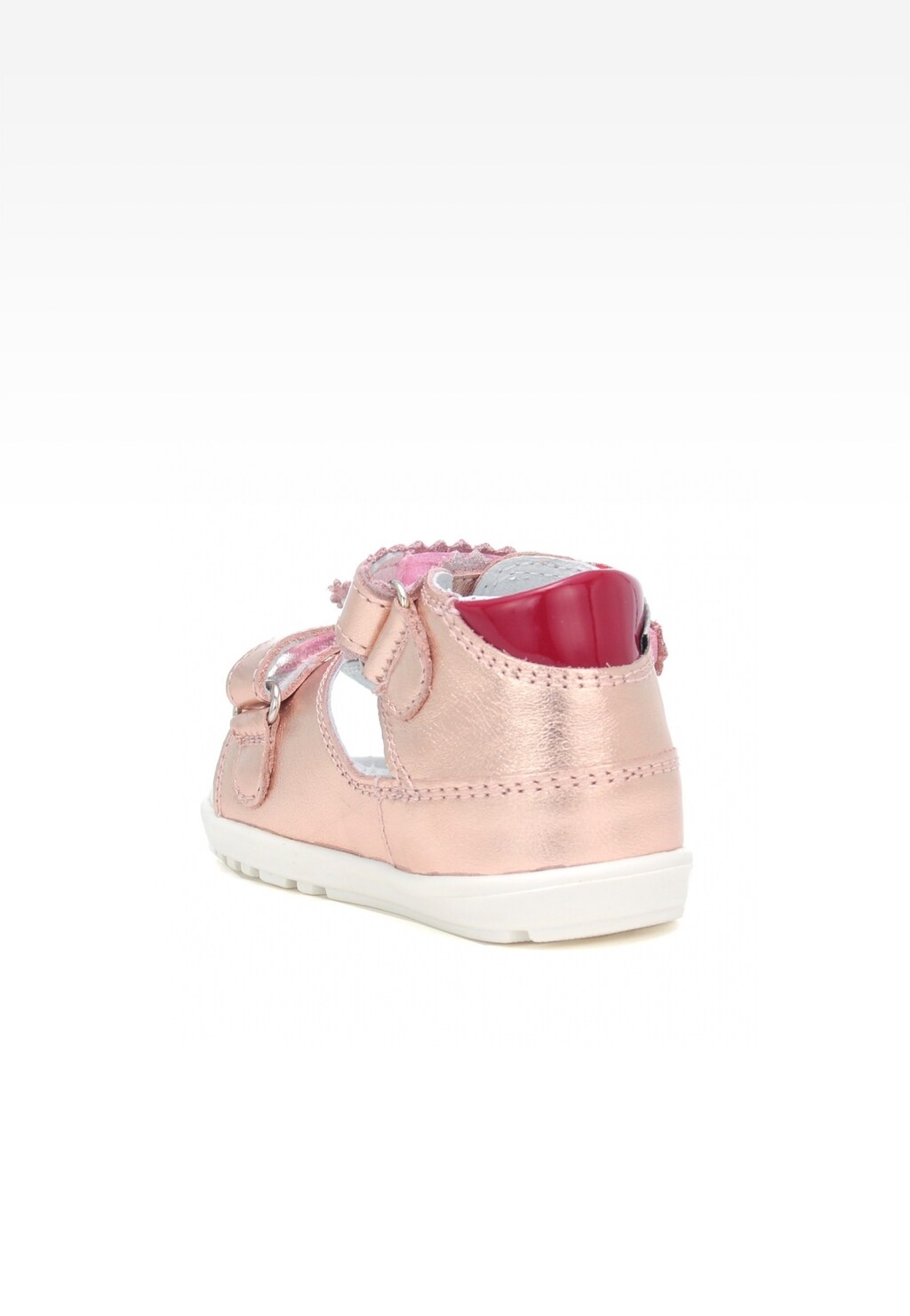 Różowo-złote buciki Bartek Mini first steps W-071181/NRG II dla dziewczynki, widok z tyłu, z ozdobną kokardką i kontrastową czerwoną wyściółką, na białej podeszwie.