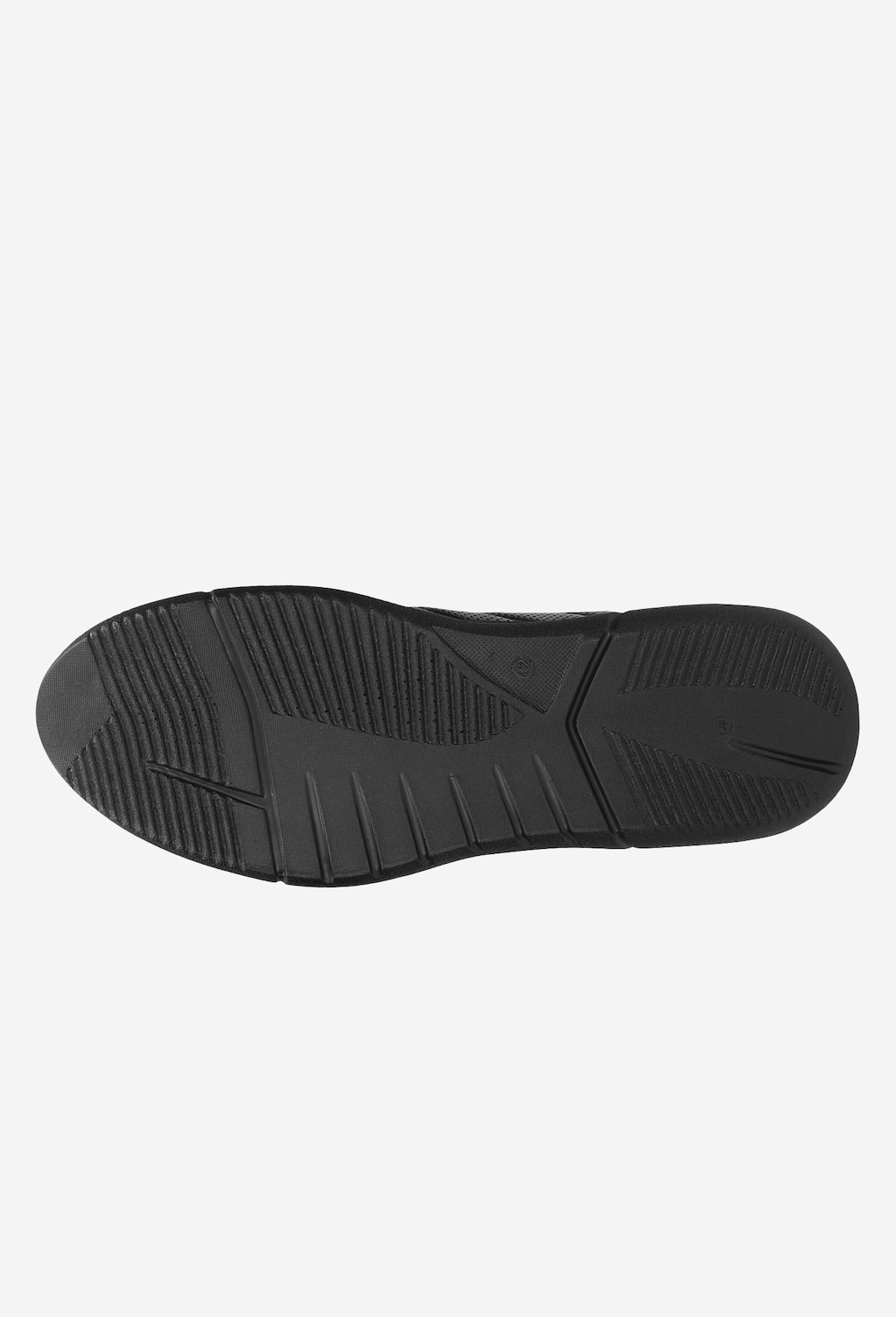 Podeszwa czarnych półbutów męskich Wojas model 10038-51 w stylu comfort, wykonanych ze skóry licowej, widoczna od spodu z charakterystycznym wzorem antypoślizgowym.