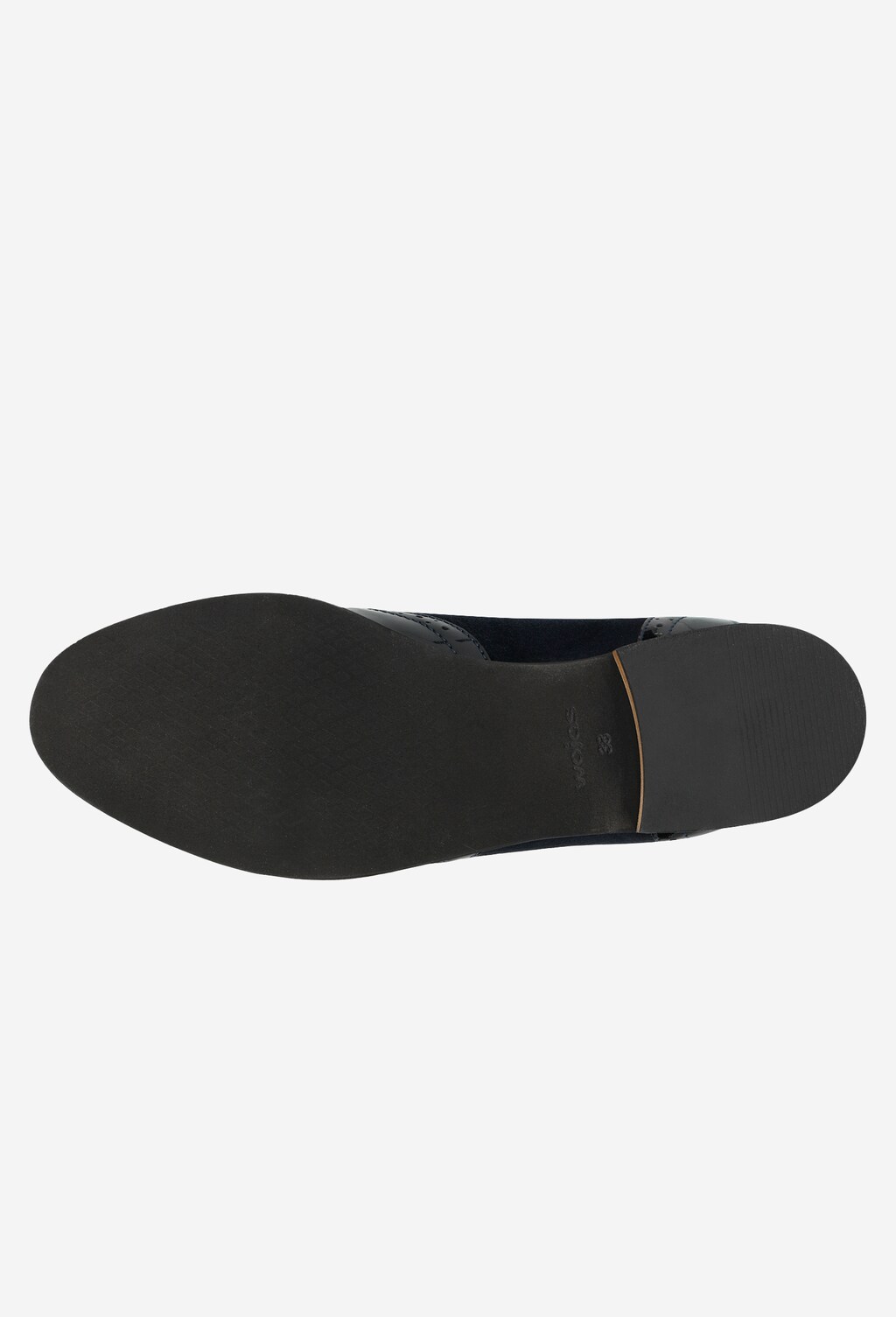 Podeszwa granatowych lordsów damskich Wojas model 46039-76, widok od spodu ukazujący czarną antypoślizgową powierzchnię z subtelnymi detalami konstrukcyjnymi.