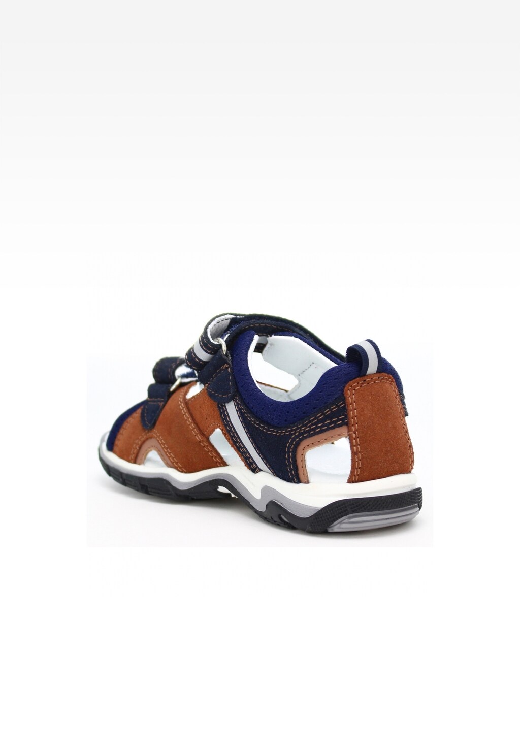 Granatowo-brązowe sandały profilaktyczne Bartek T-19176-7/9J9 dla dzieci, widok z boku, z charakterystycznymi elementami z zamszu i białymi wstawkami.