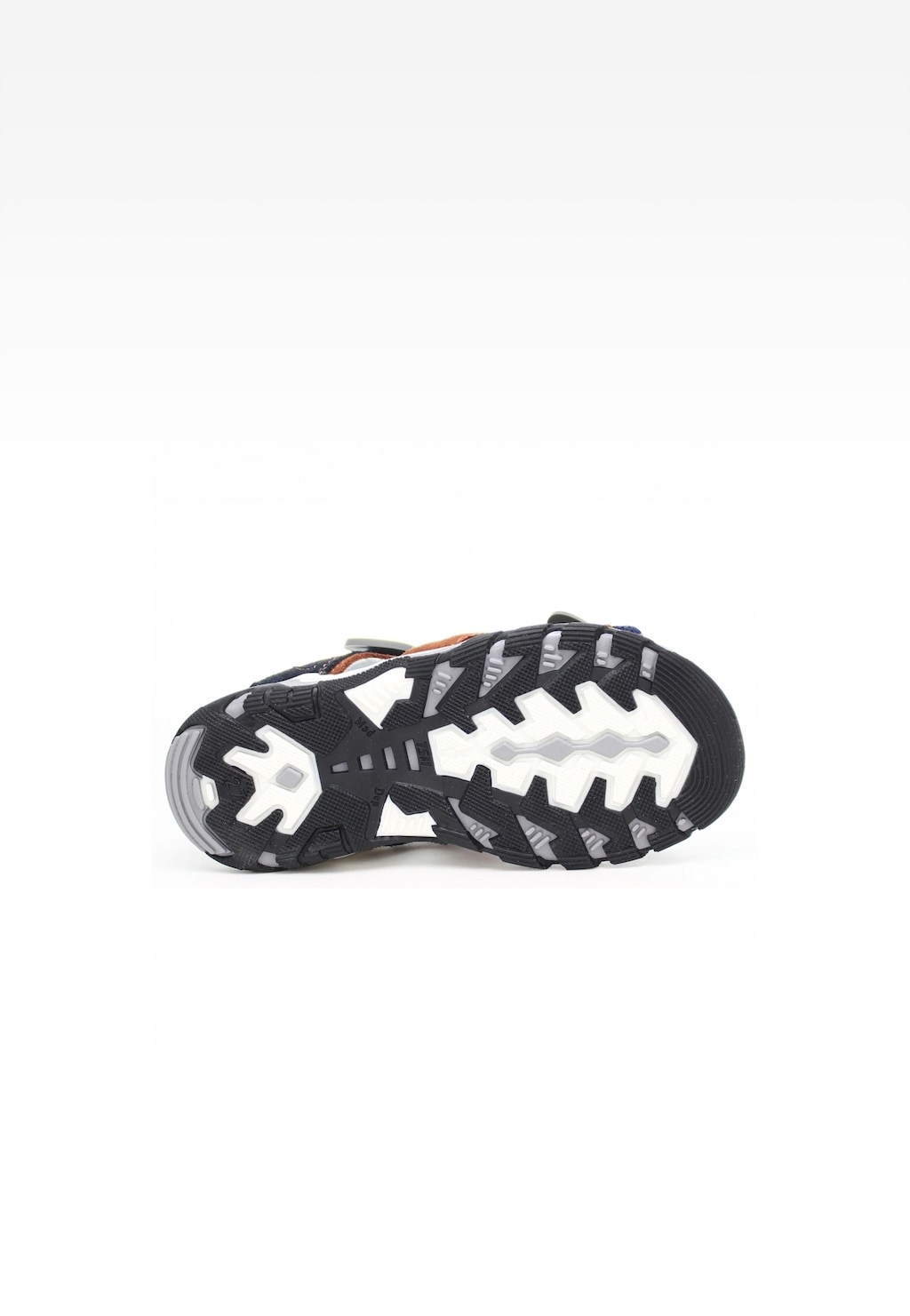 Podeszwa obuwia profilaktycznego Bartek T-19176-7/9J9 w kolorze granatowo-białym, widok od spodu ukazujący antypoślizgowy bieżnik z wyraźnym wzorem dla lepszej przyczepności.