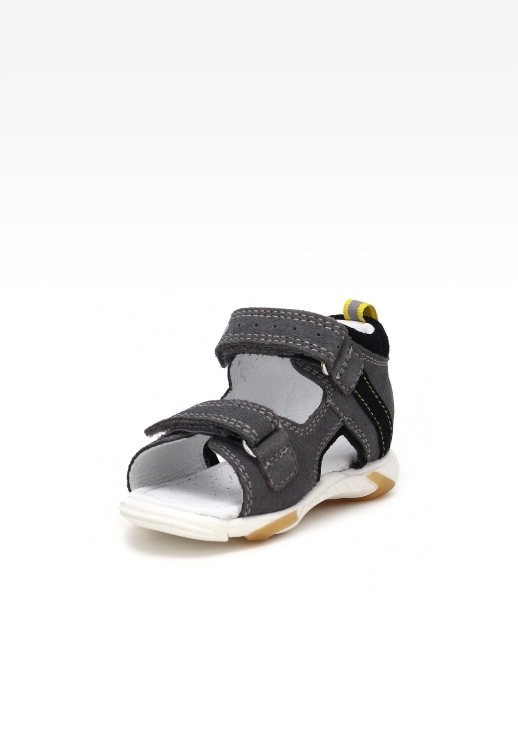 Szaro-czarne sandały chłopięce Bartek T-71188/W35 z rzepami, widoczne z przodu. But ma kontrastowe przeszycia i żółty element na pięcie. Biała podeszwa.