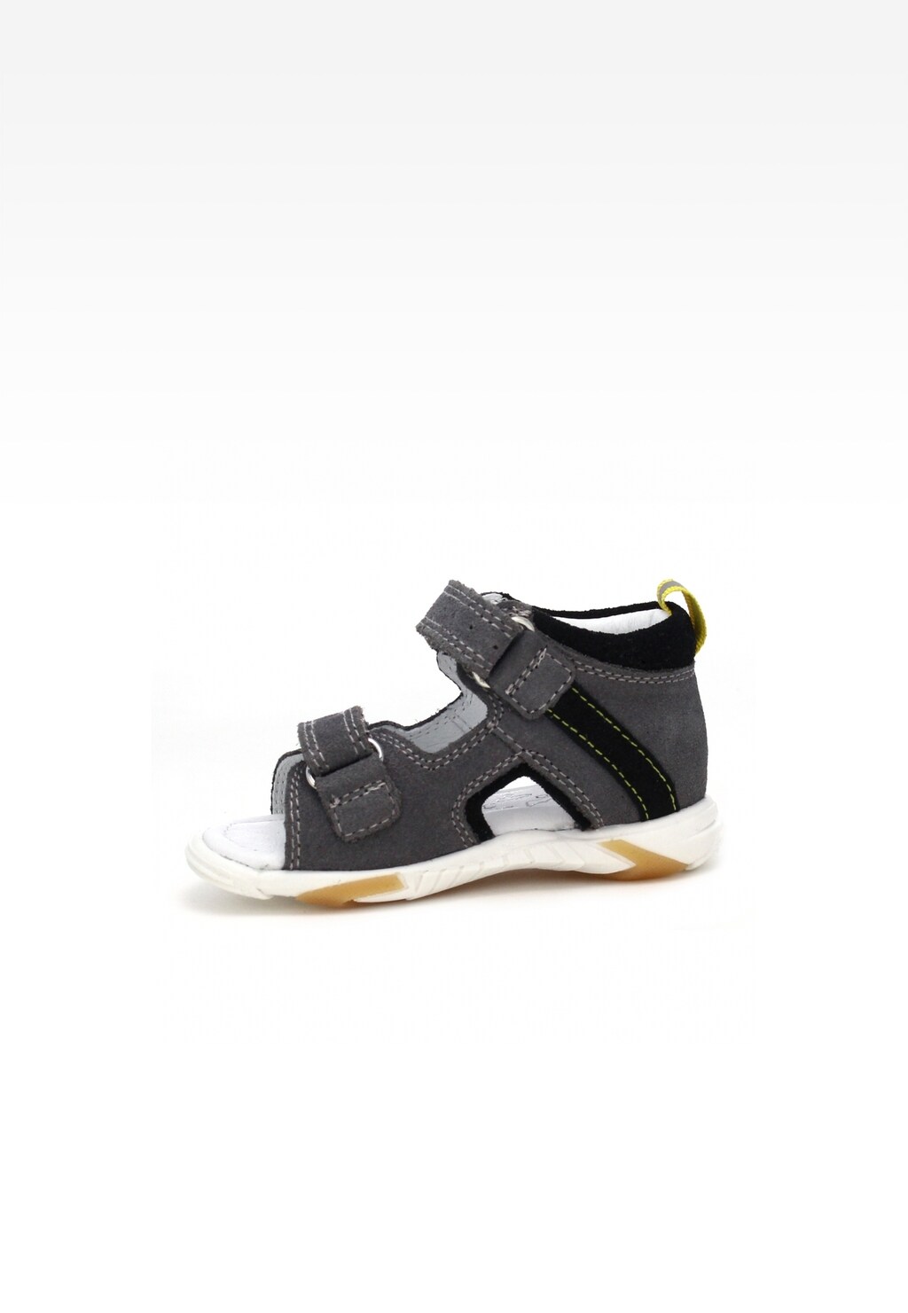 Szaro-czarne sandały dziecięce Bartek T-71188/W35 z rzepami, widoczne z boku. Chłopięcy model z żółtym elementem na pięcie i białą podeszwą na gumowej podkładce.